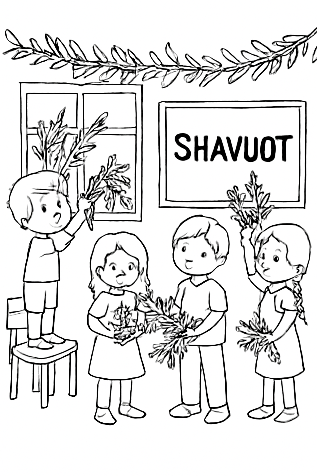 Free printable children decorating the classroom with greenery for Shavuot coloring page for kids