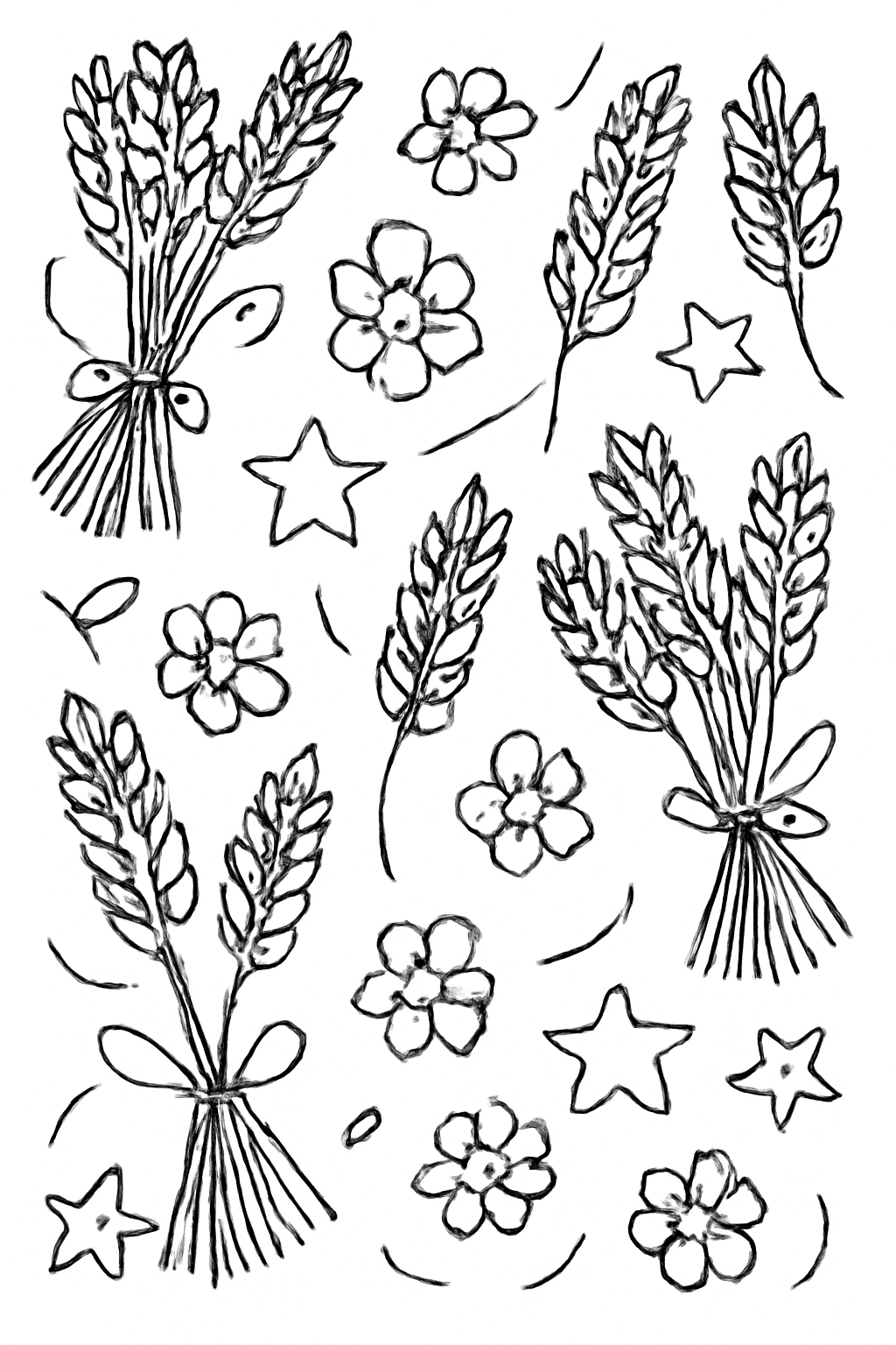 Free printable Shavuot pattern of wheat sheaves flowers and stars coloring page for kids
