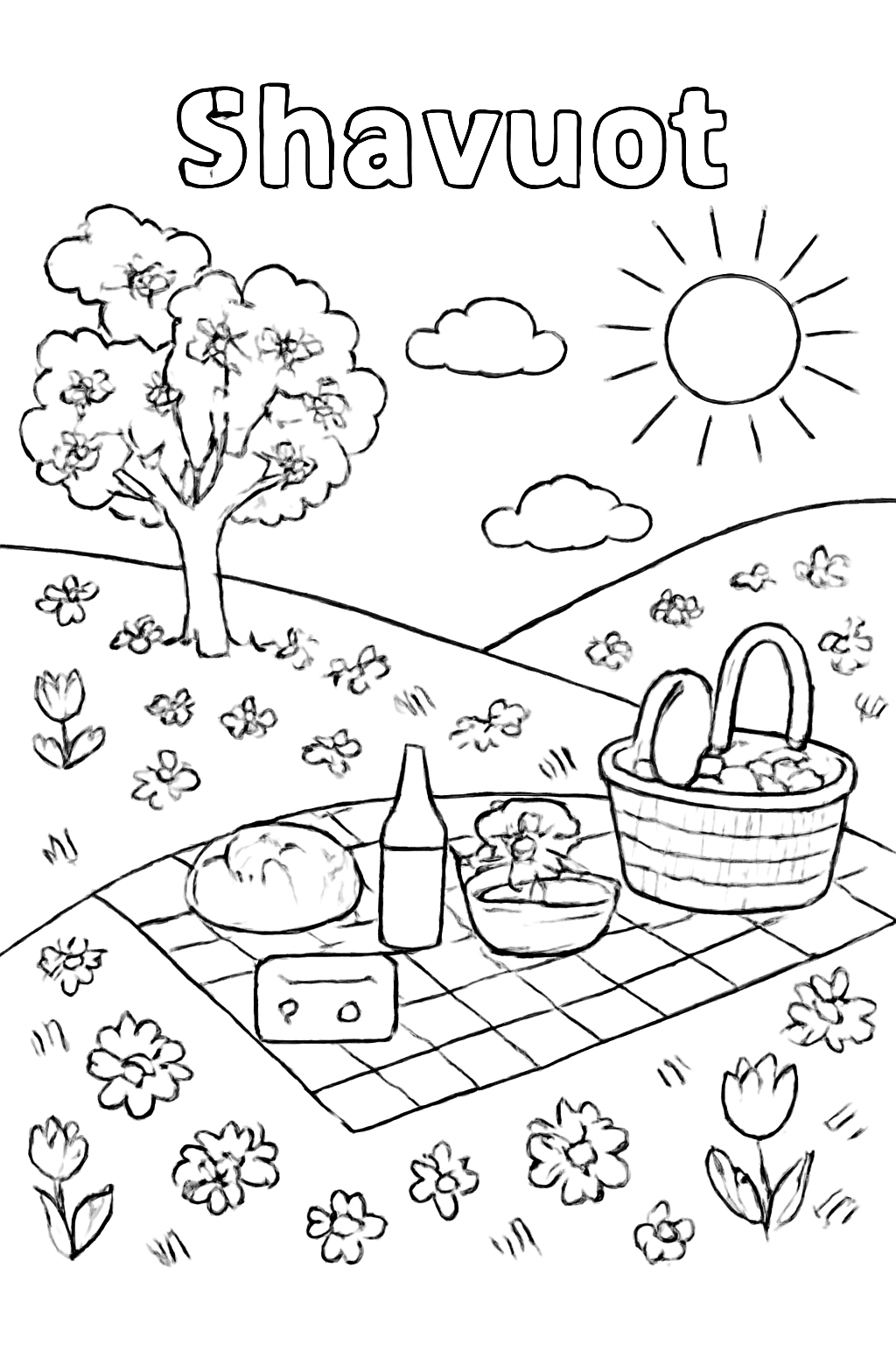 Free printable Shavuot picnic on a flowering hillside coloring page for kids