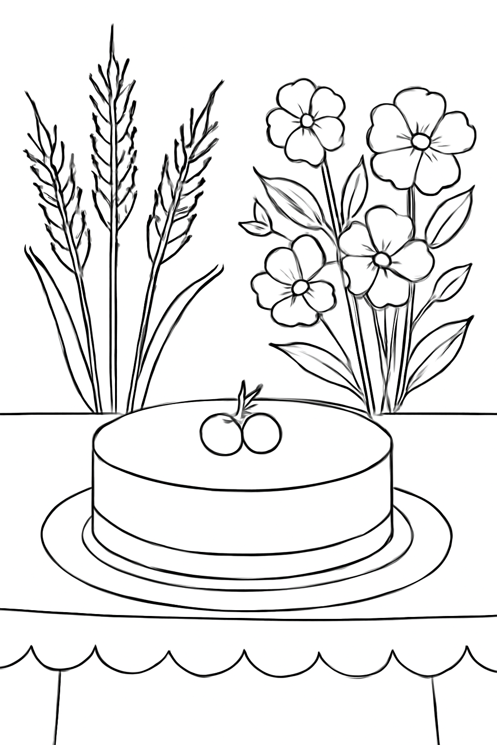 Free printable cheesecake wheat stalks and flowers on a Shavuot table coloring page