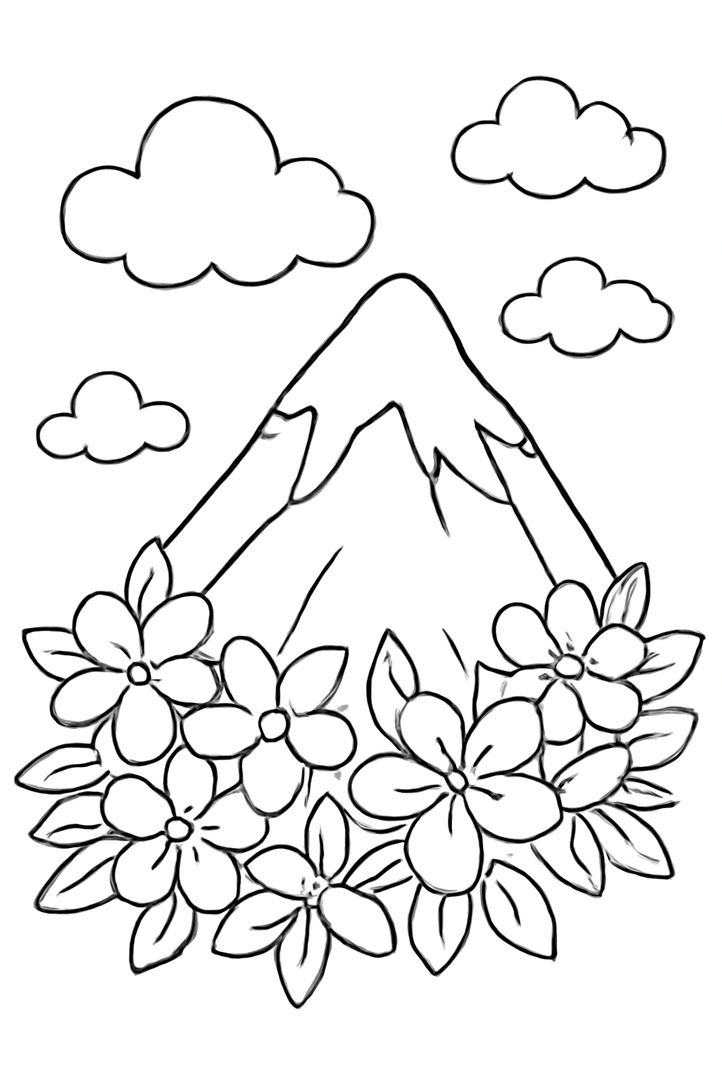 Free printable mountain wrapped in flowers and clouds for Shavuot coloring page for kids