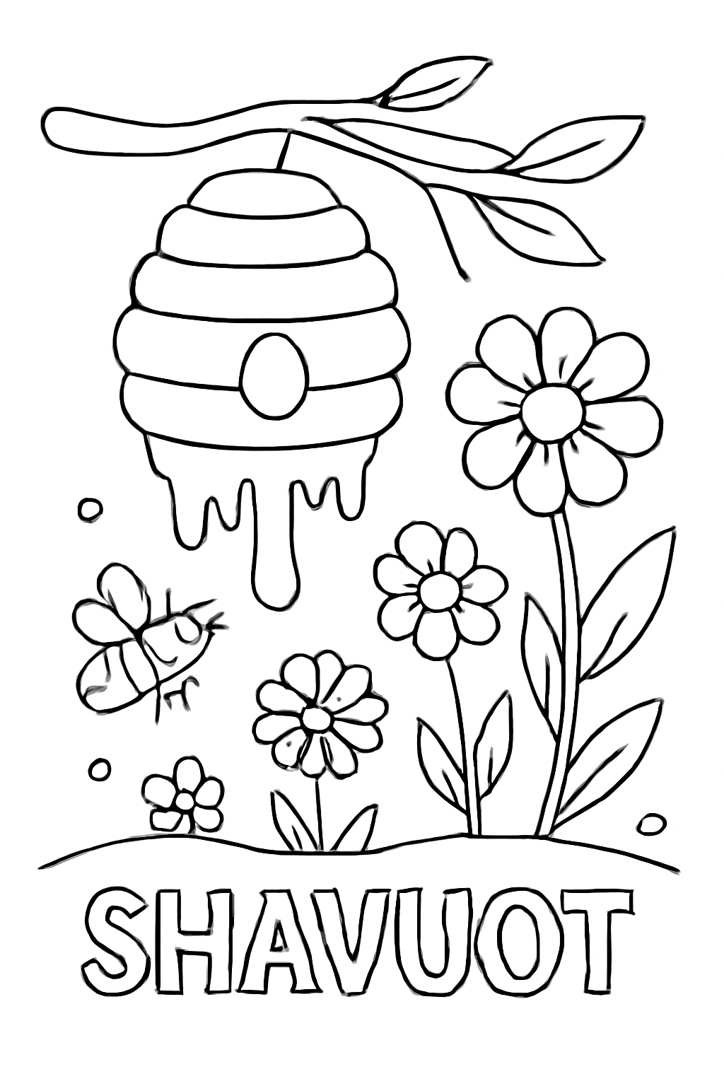 Free printable beehive dripping honey beside wildflowers for Shavuot coloring page for kids