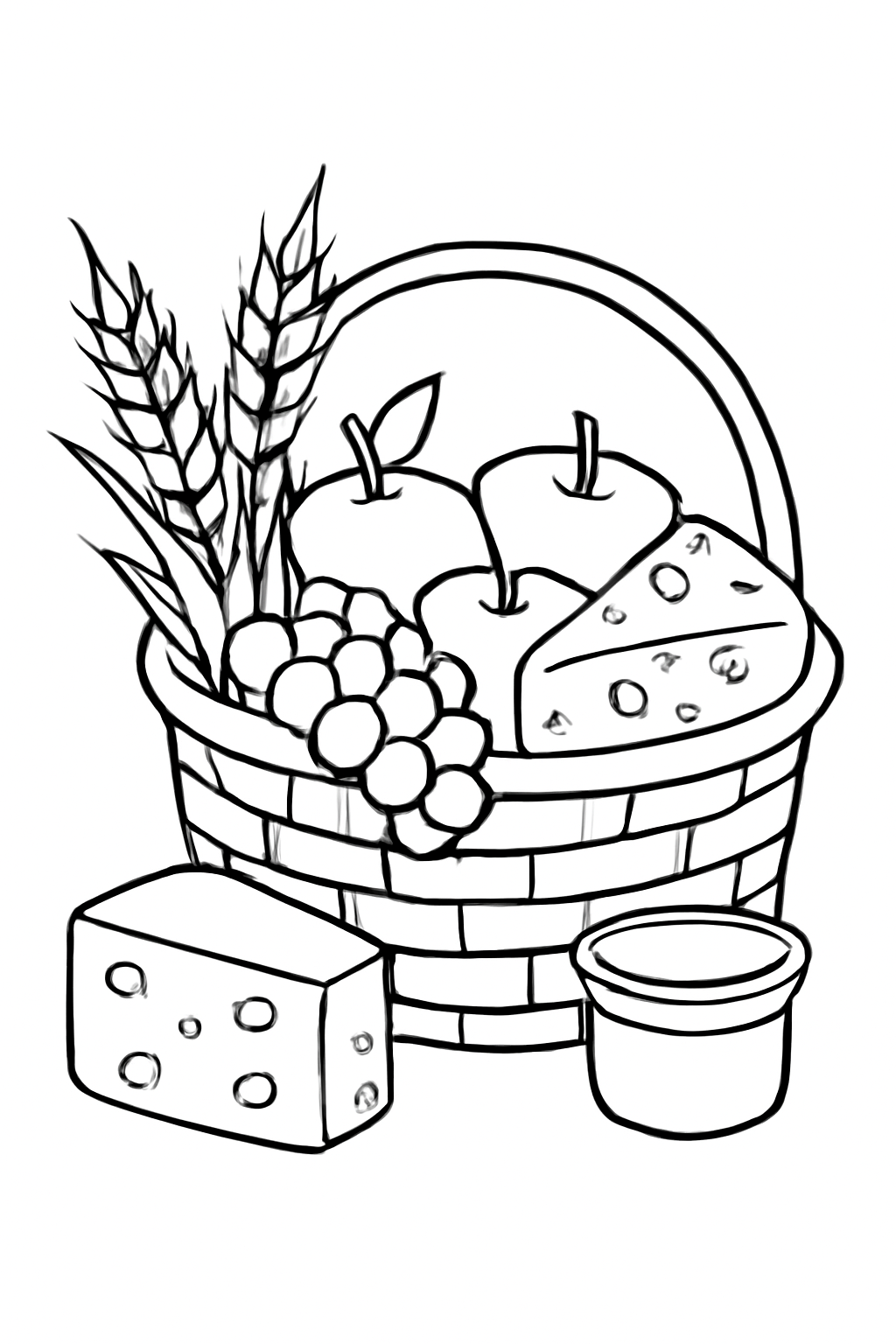 Free printable Shavuot harvest basket with wheat flowers fruit and dairy treats coloring page