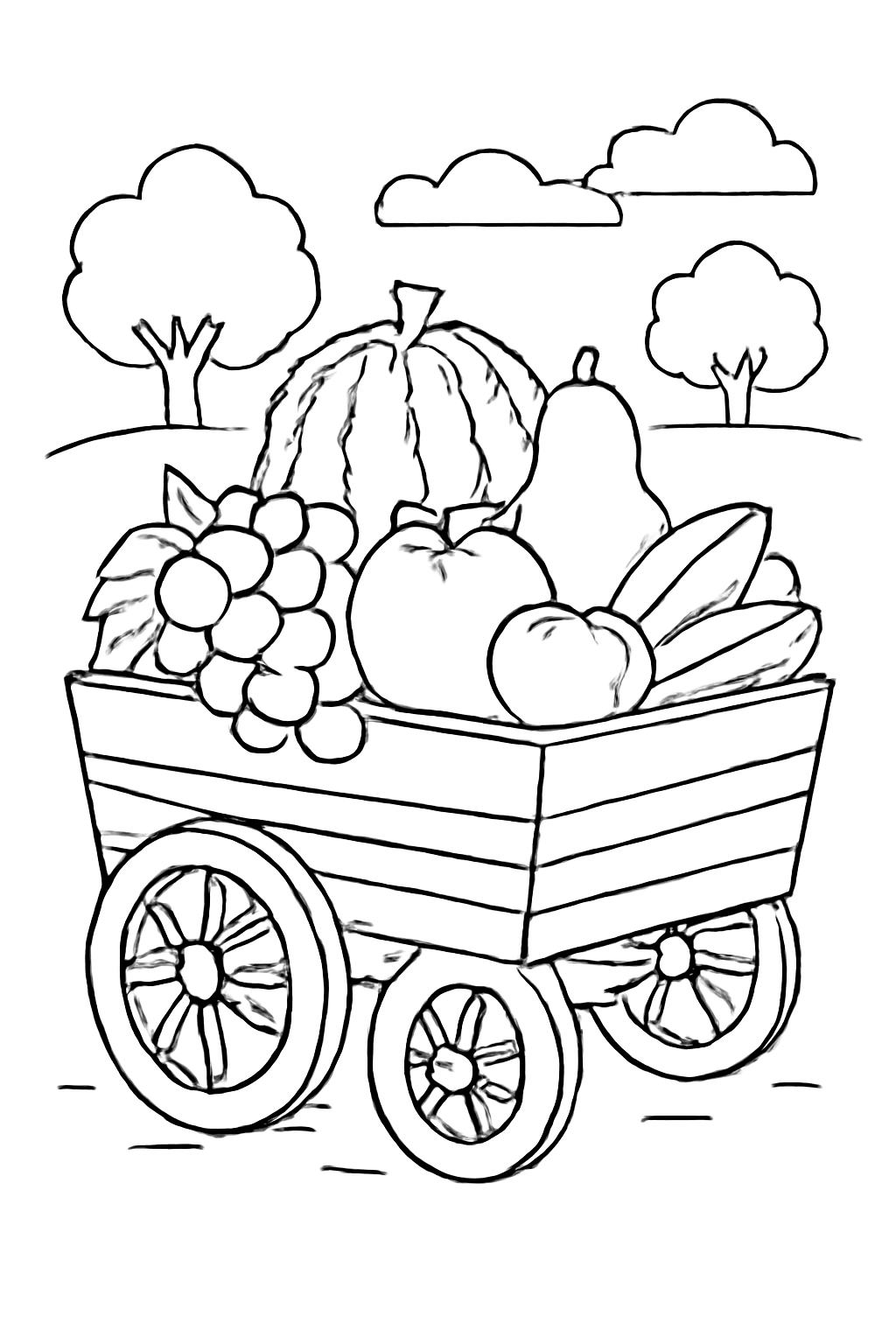Free printable first fruits arranged on a Shavuot harvest wagon coloring page for kids