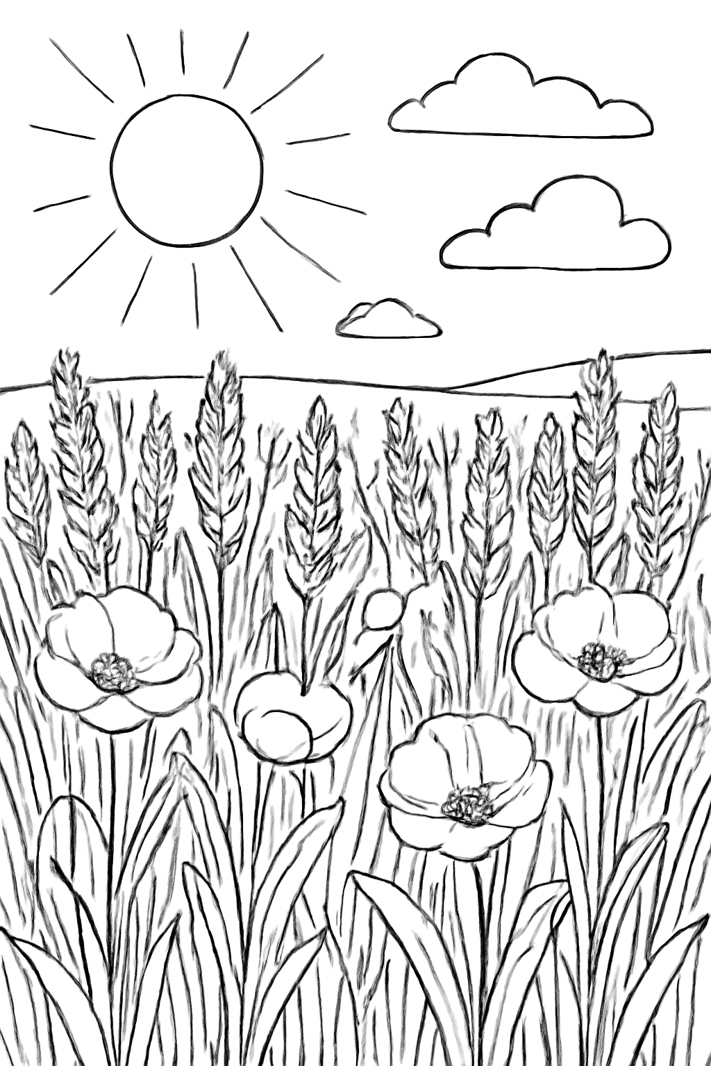 Free printable Shavuot wheat field with poppies under a bright sky coloring page for kids