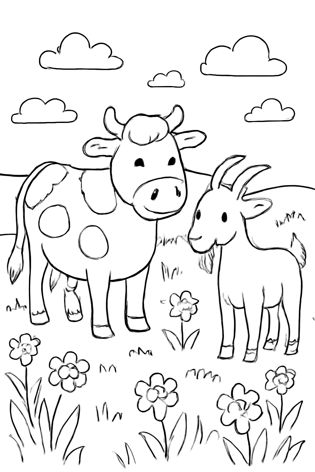 Free printable cow and goat in a meadow for Shavuot dairy treats coloring page for kids