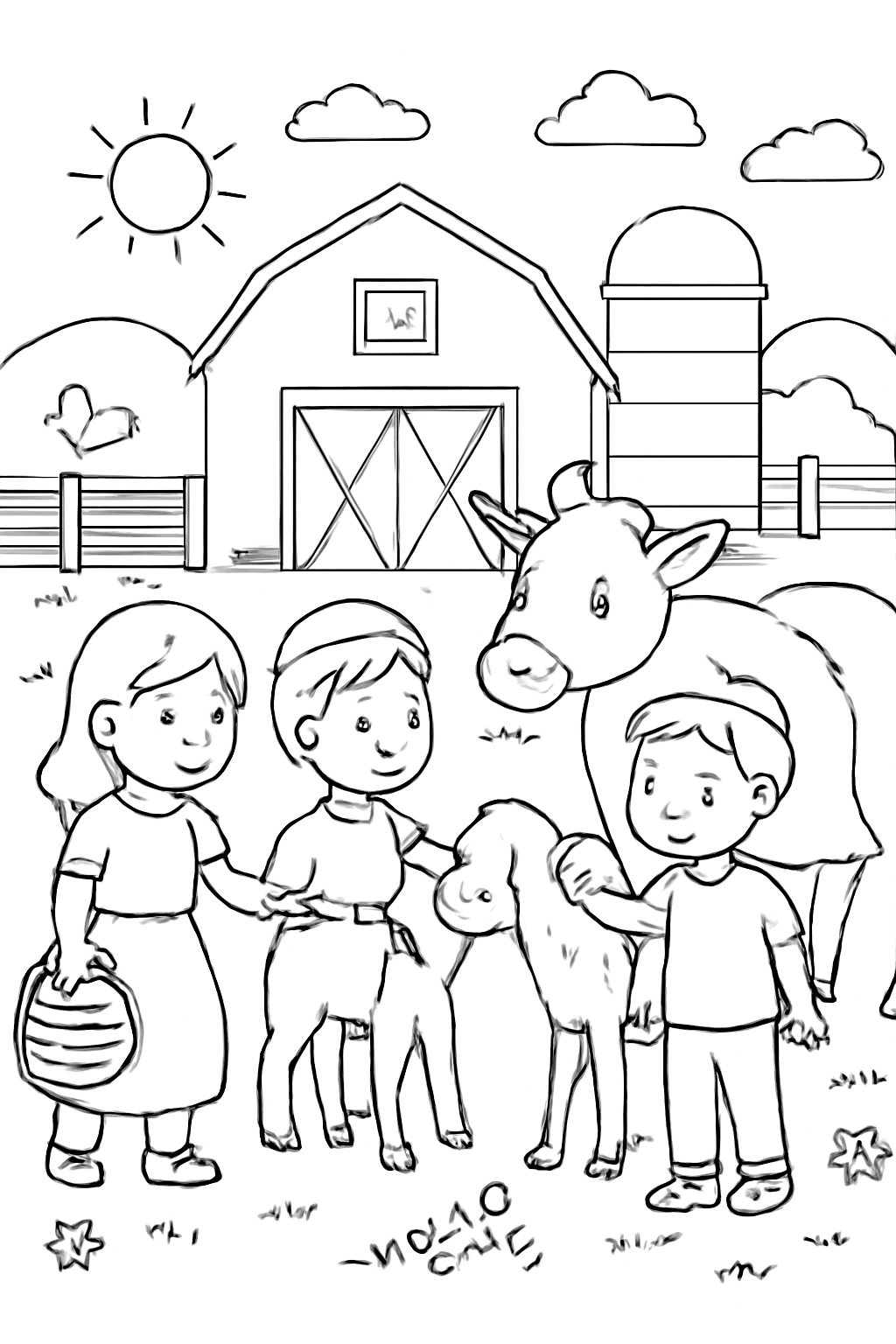 Free printable children visiting a dairy farm before Shavuot coloring page for kids