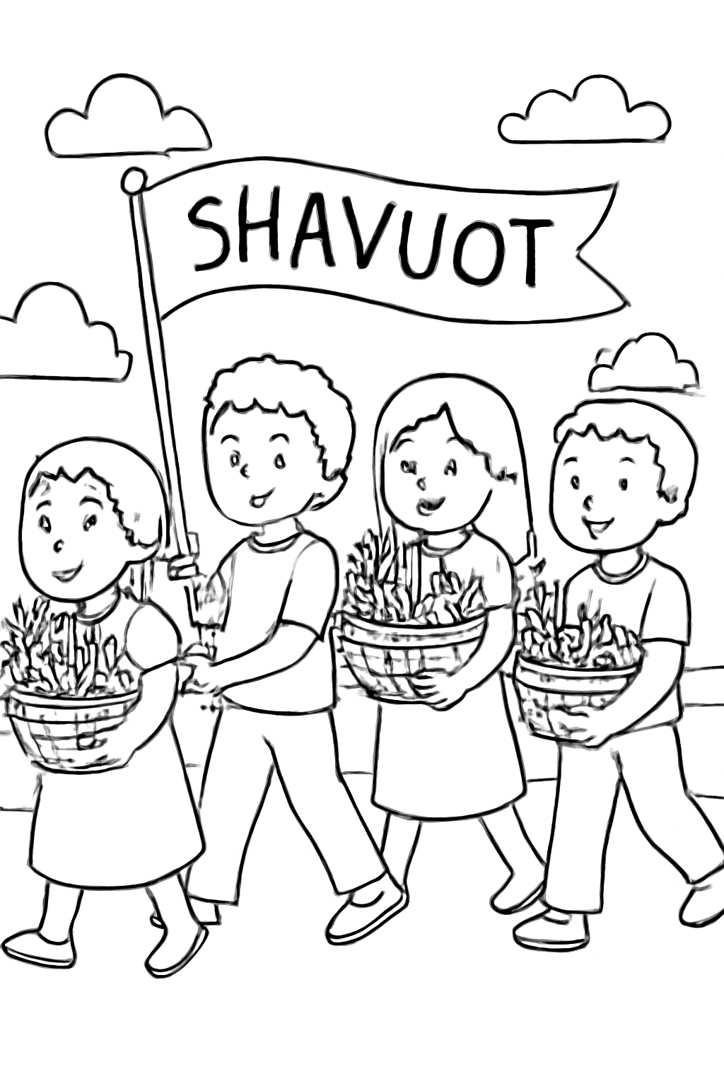 Free printable children carrying first-fruit baskets in a Shavuot parade coloring page for kids