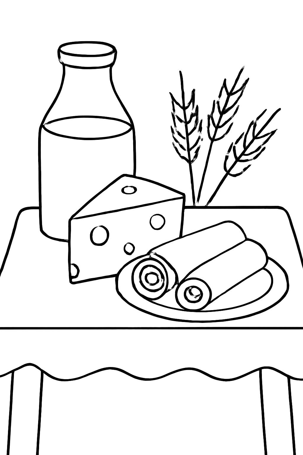Free printable dairy table with milk cheese and blintzes for Shavuot coloring page for kids