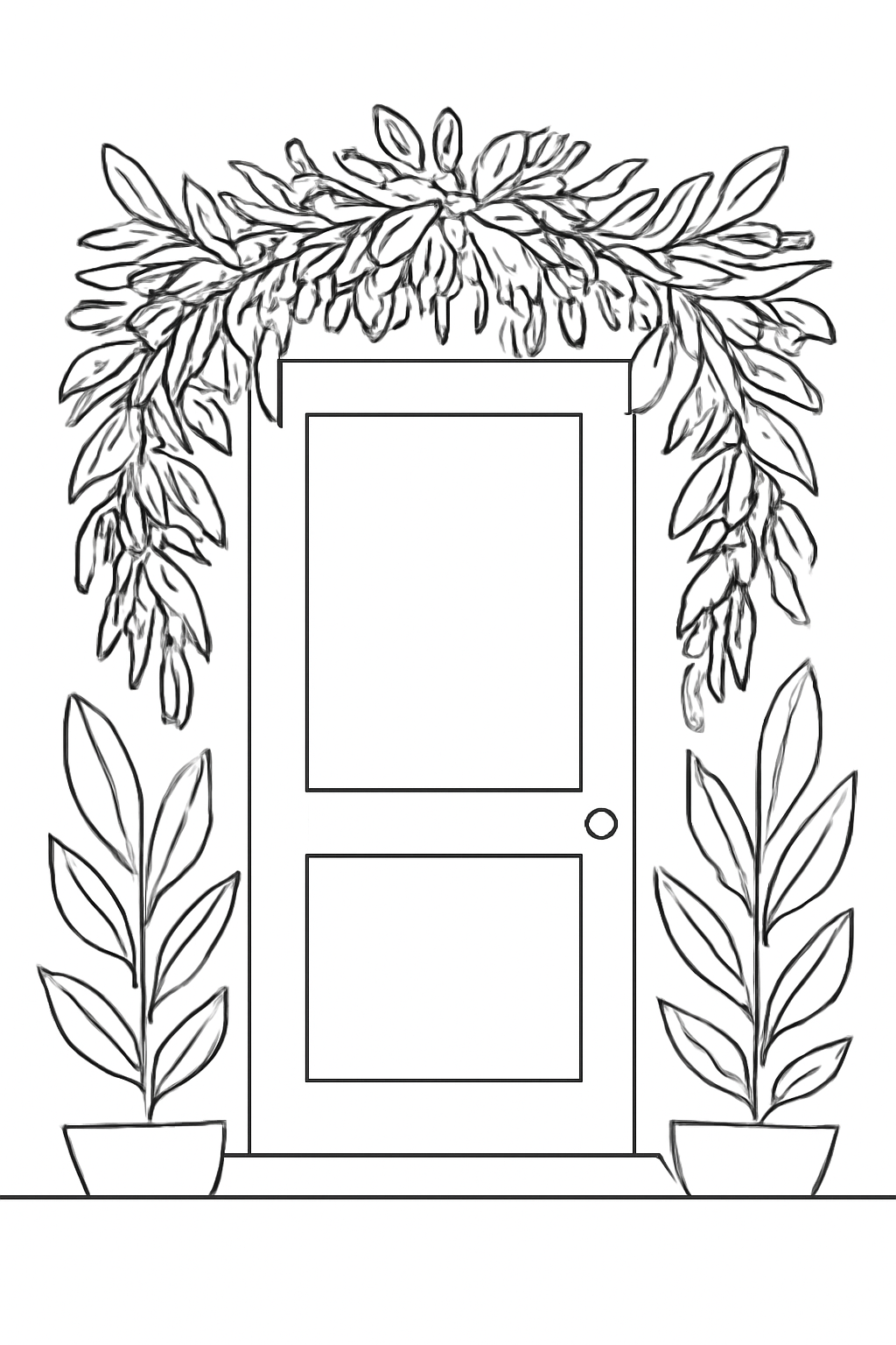 Free printable Shavuot greenery garland over a doorway coloring page for kids