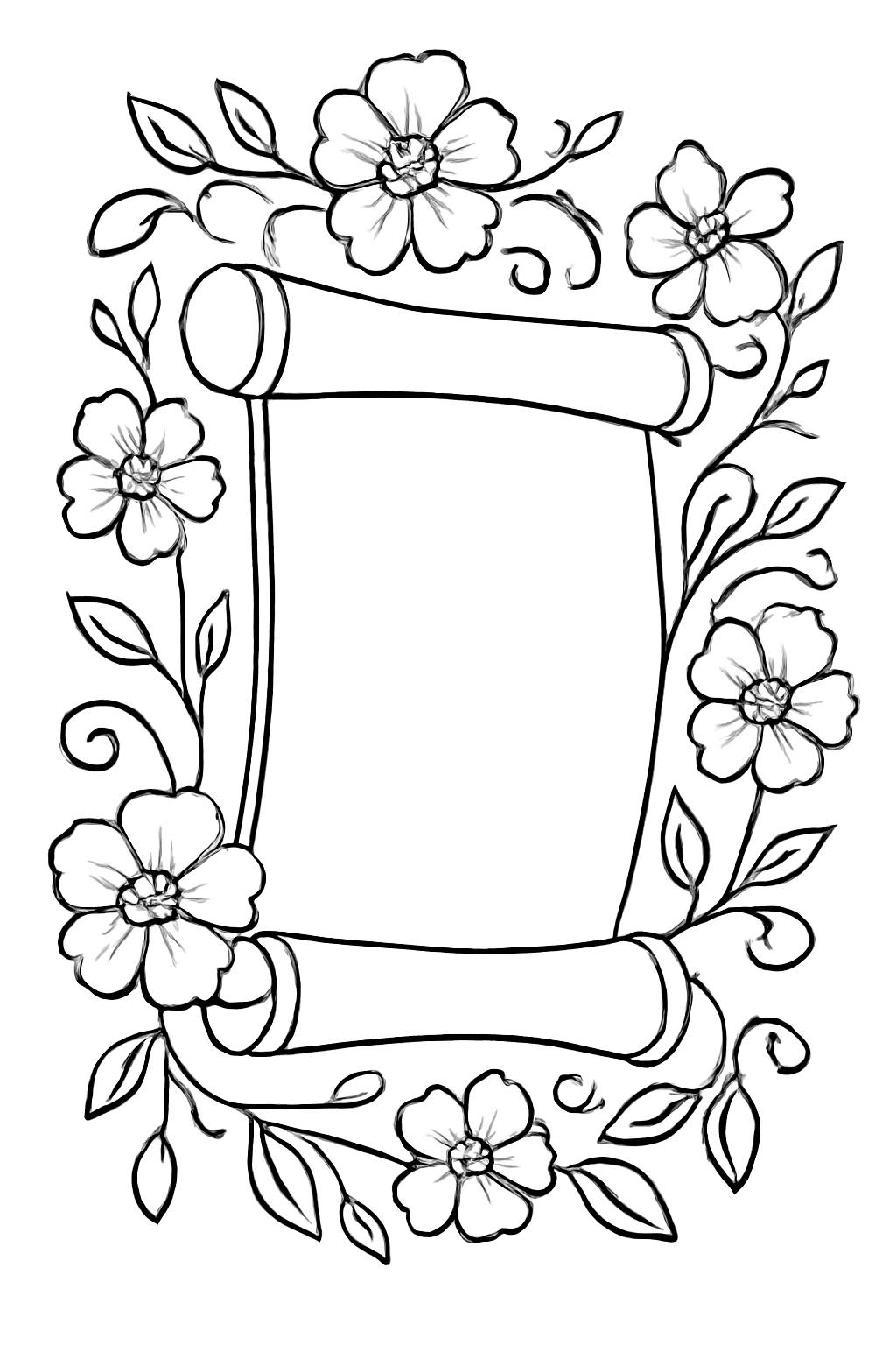 Free printable decorative scroll with flowering vines for Shavuot coloring page for kids