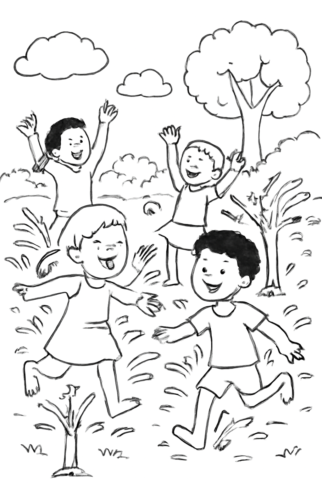 Free printable water sprinklers and splashing children on a hot Shavuot day coloring page for kids