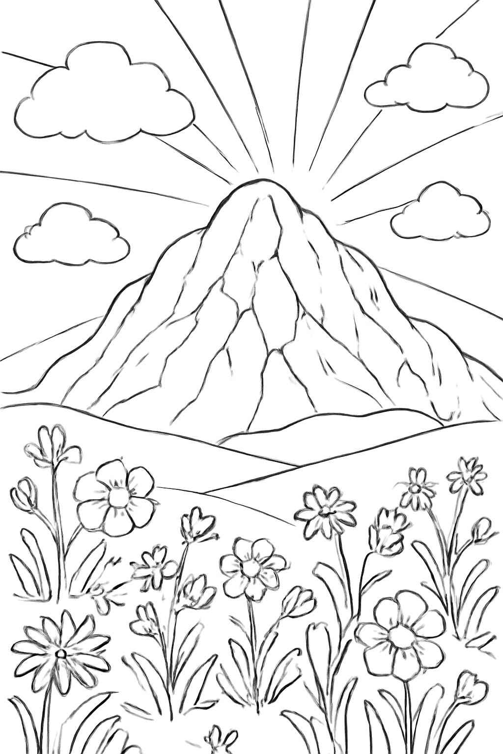 Free printable Mount Sinai landscape with flowers clouds and rays of light for Shavuot without people coloring page
