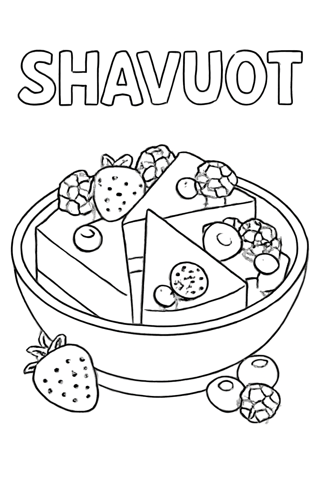 Free printable bowl of cheesecake slices with berries for Shavuot coloring page for kids