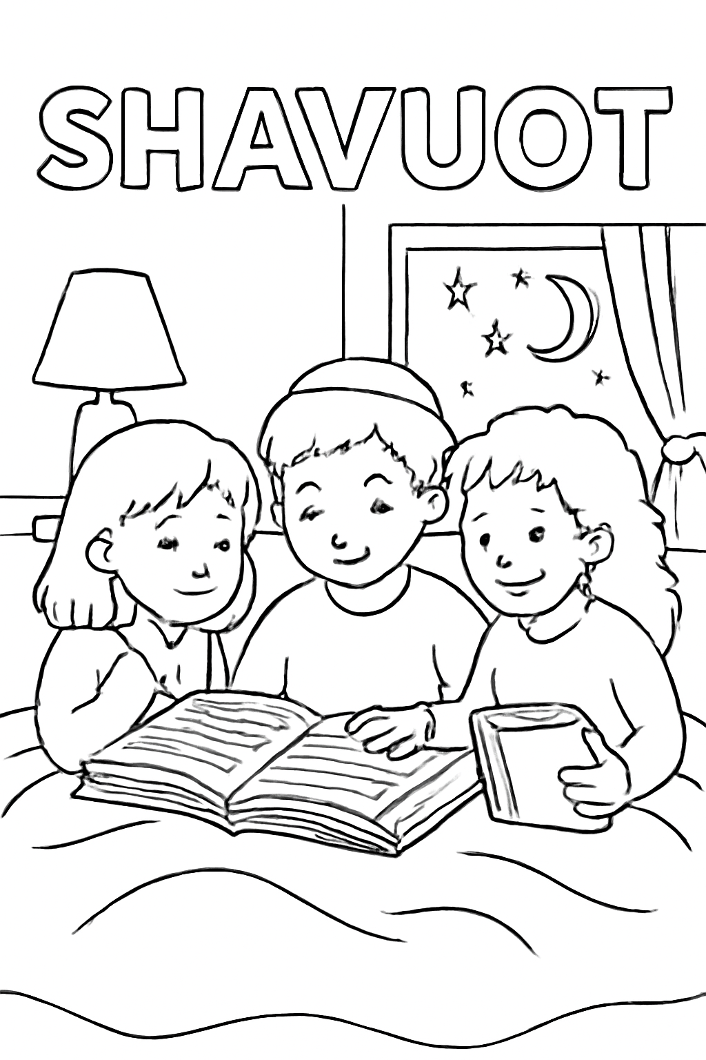 Free printable children staying up late reading together on Shavuot night coloring page for kids