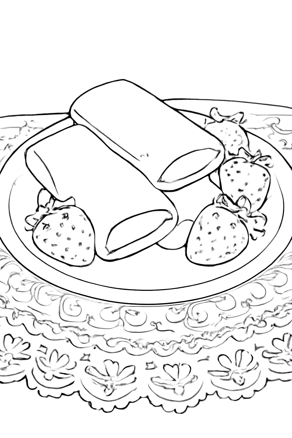 Free printable Shavuot blintzes with strawberries on a lace tablecloth coloring page for kids