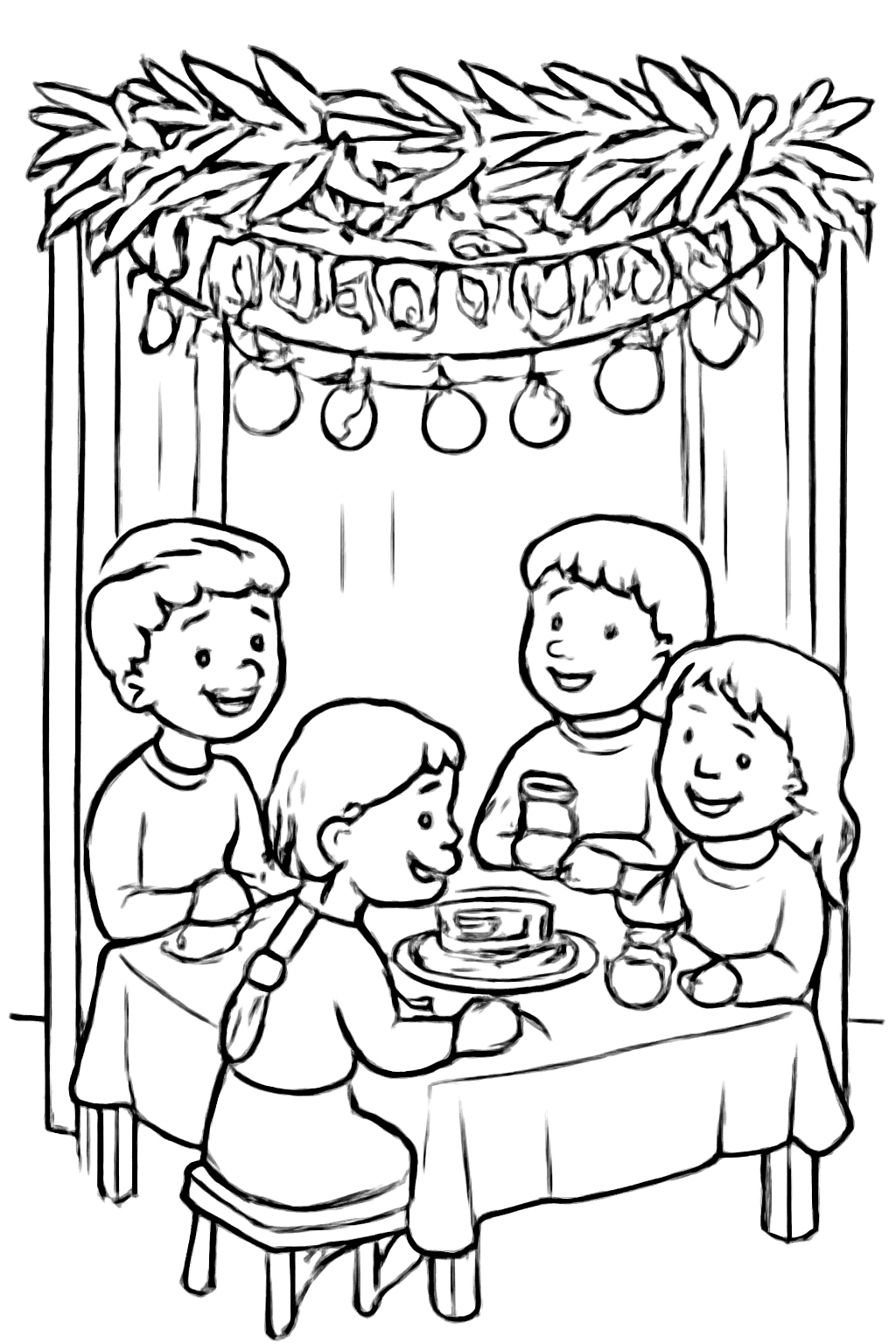 Free printable children sharing a meal inside a decorated sukkah coloring page