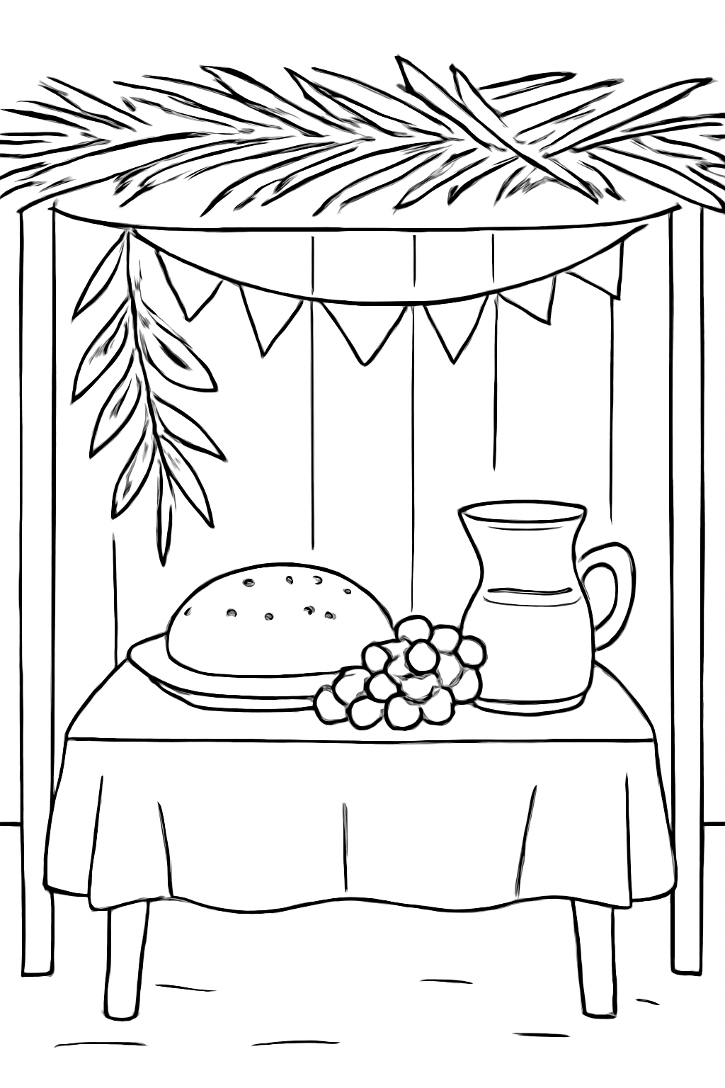 Free printable Sukkot table with round bread grapes and juice inside a sukkah coloring page for kids