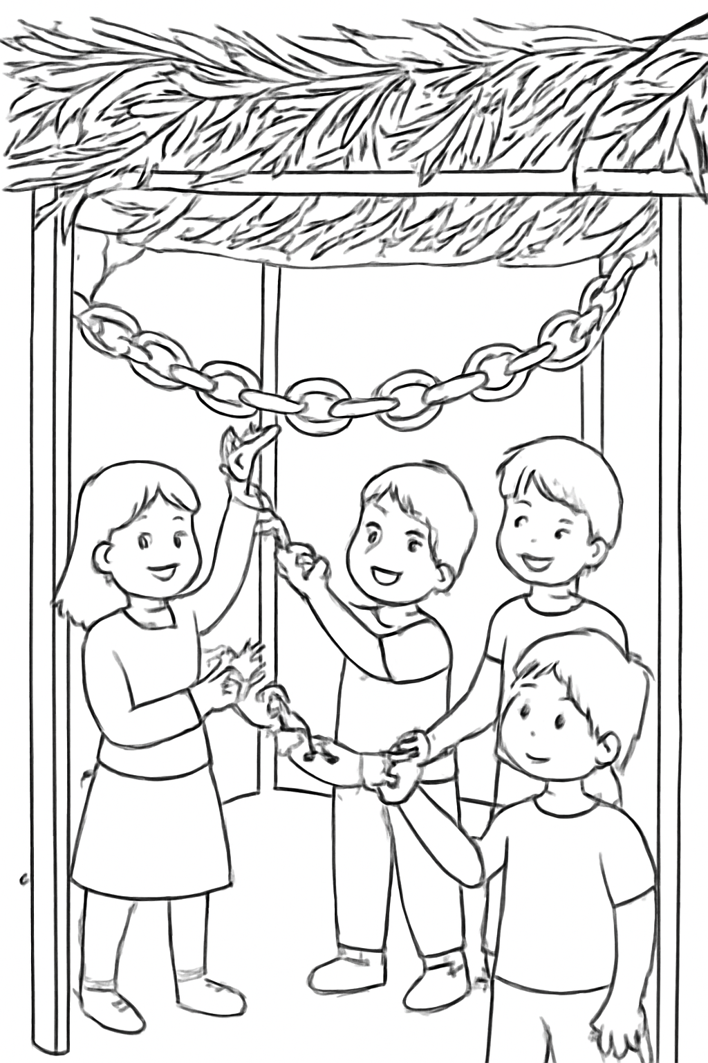 Free printable children hanging paper chains inside a sukkah coloring page for kids