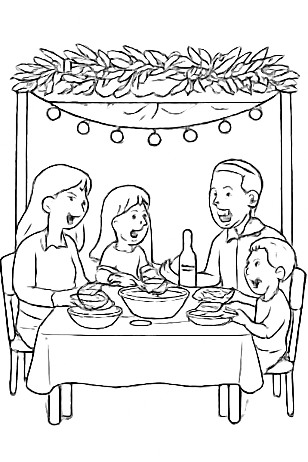 Free printable family eating dinner under sukkah lights coloring page for kids