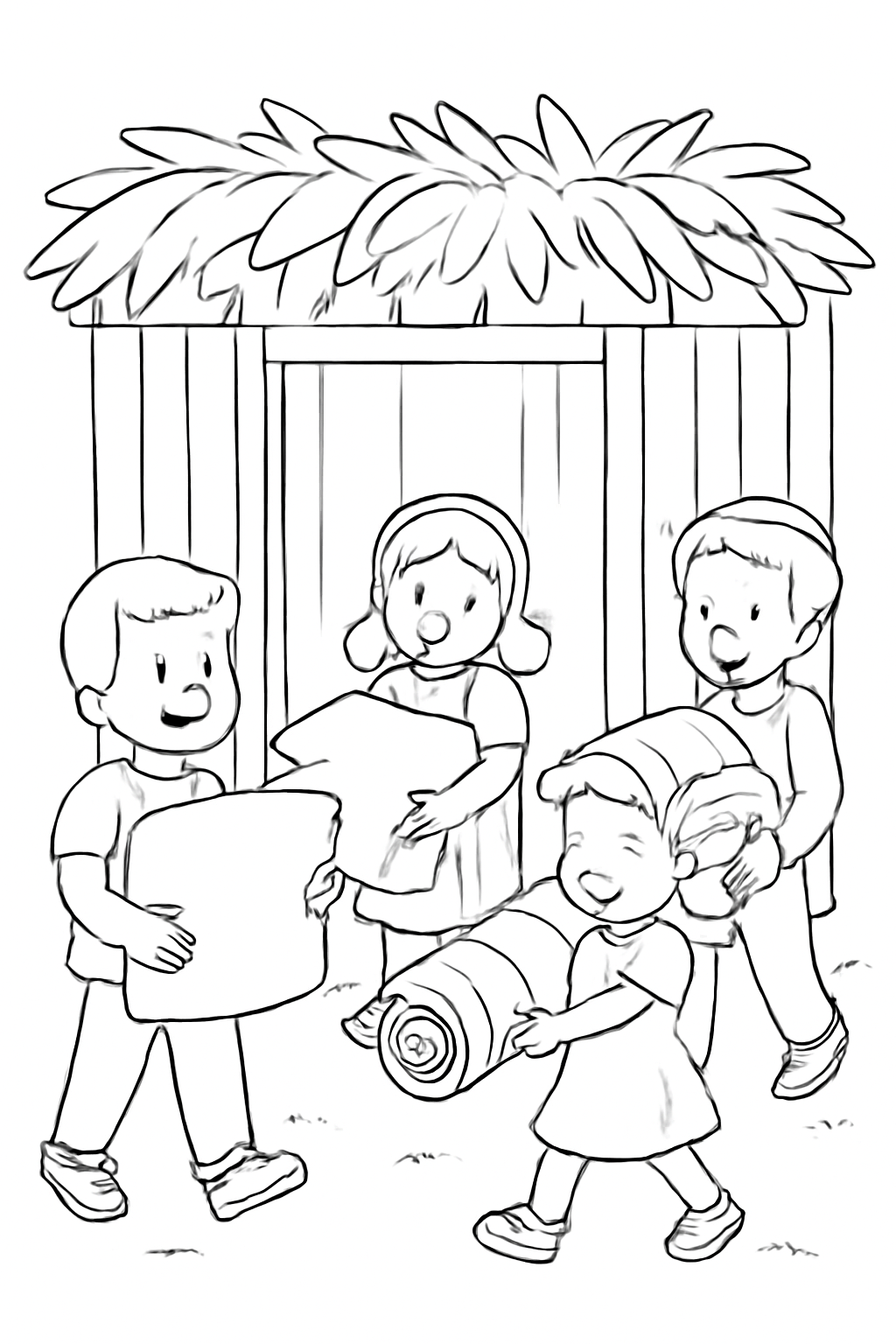 Free printable children carrying cushions and rugs into the sukkah coloring page for kids