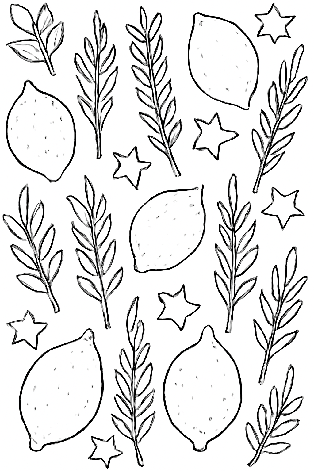 Free printable Sukkot pattern of etrogs palm branches and stars coloring page for kids