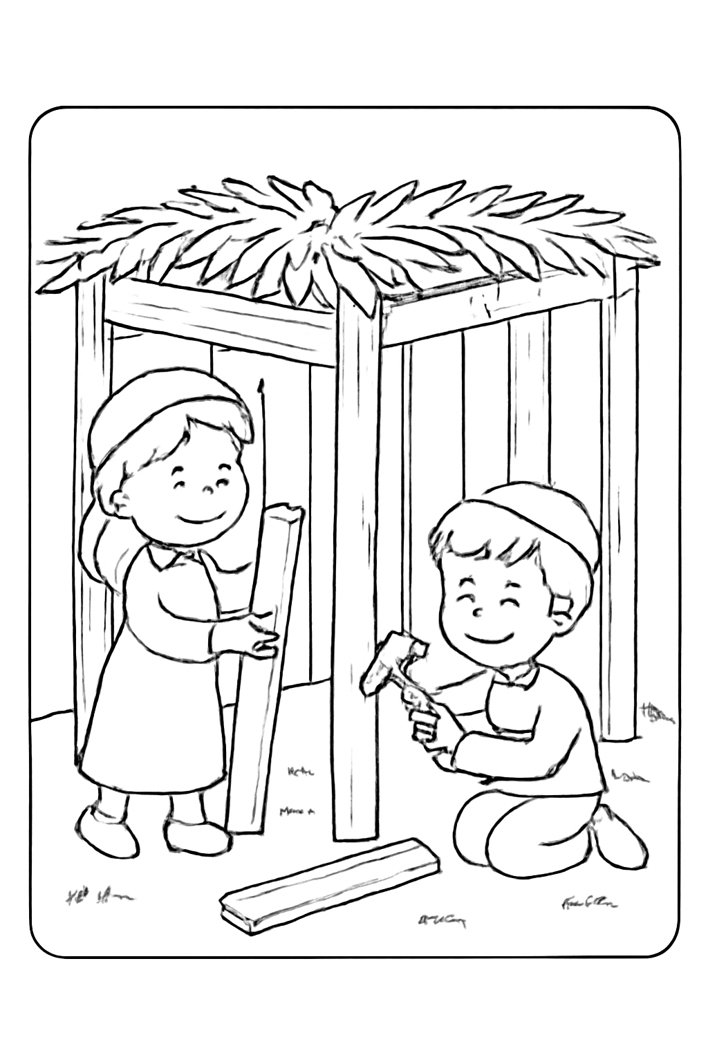 Free printable building the sukkah walls with wooden boards for Sukkot coloring page for kids
