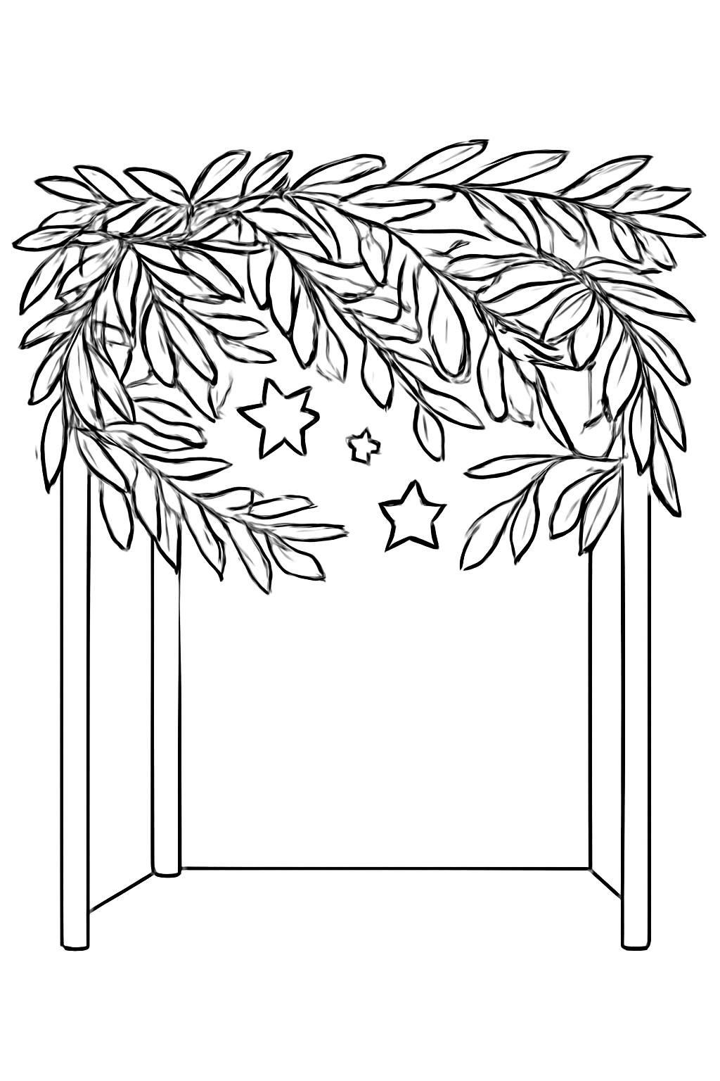 Free printable sukkah roof of leafy branches with stars peeking through coloring page for kids