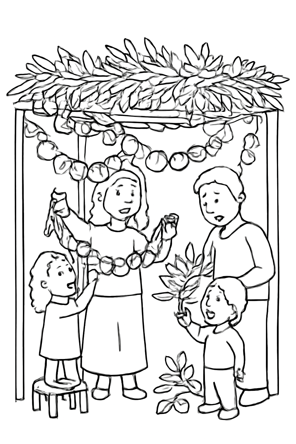 Free printable family decorating a sukkah with fruit paper chains and leaves coloring page