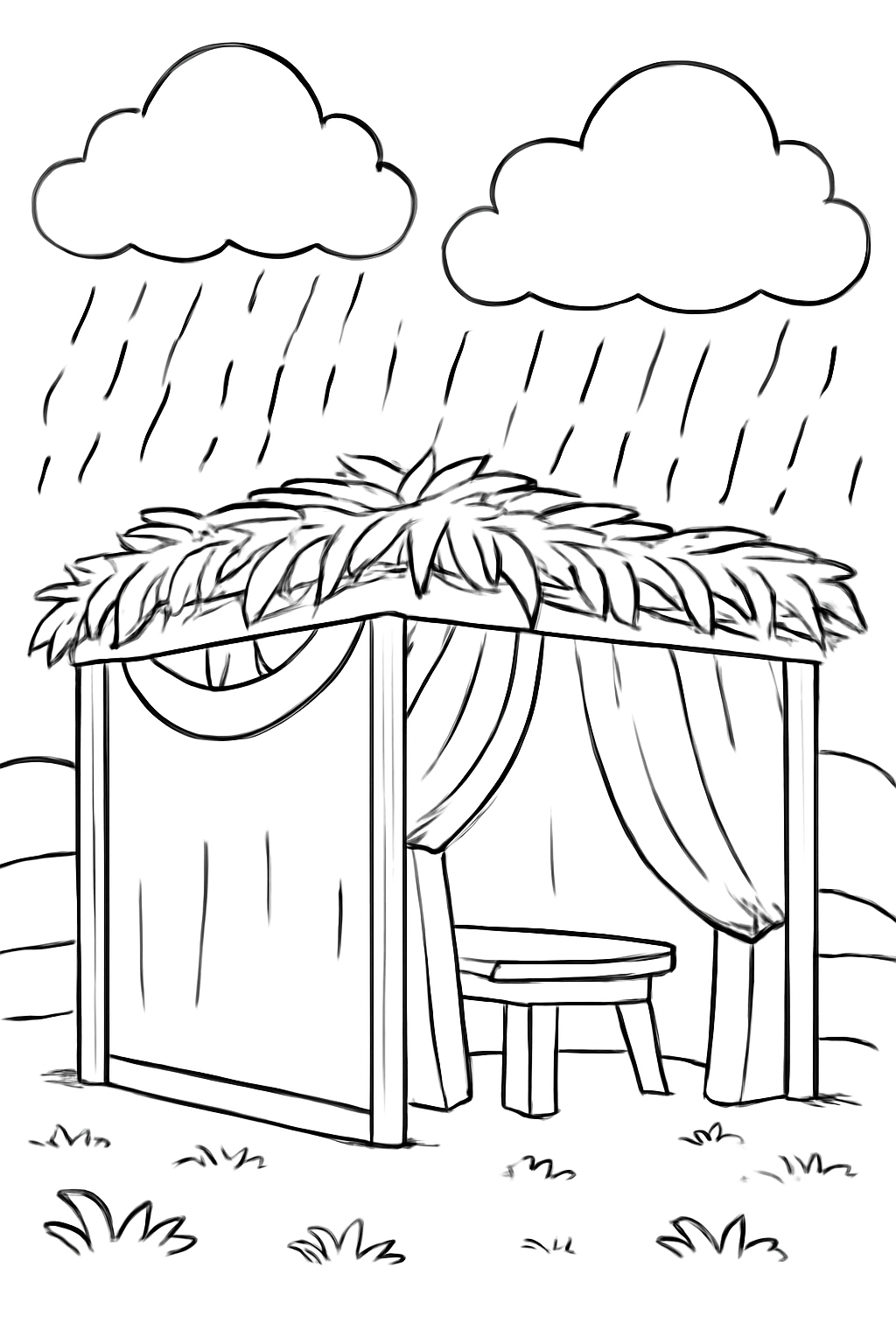 Free printable rain clouds passing over a cozy covered sukkah coloring page for kids