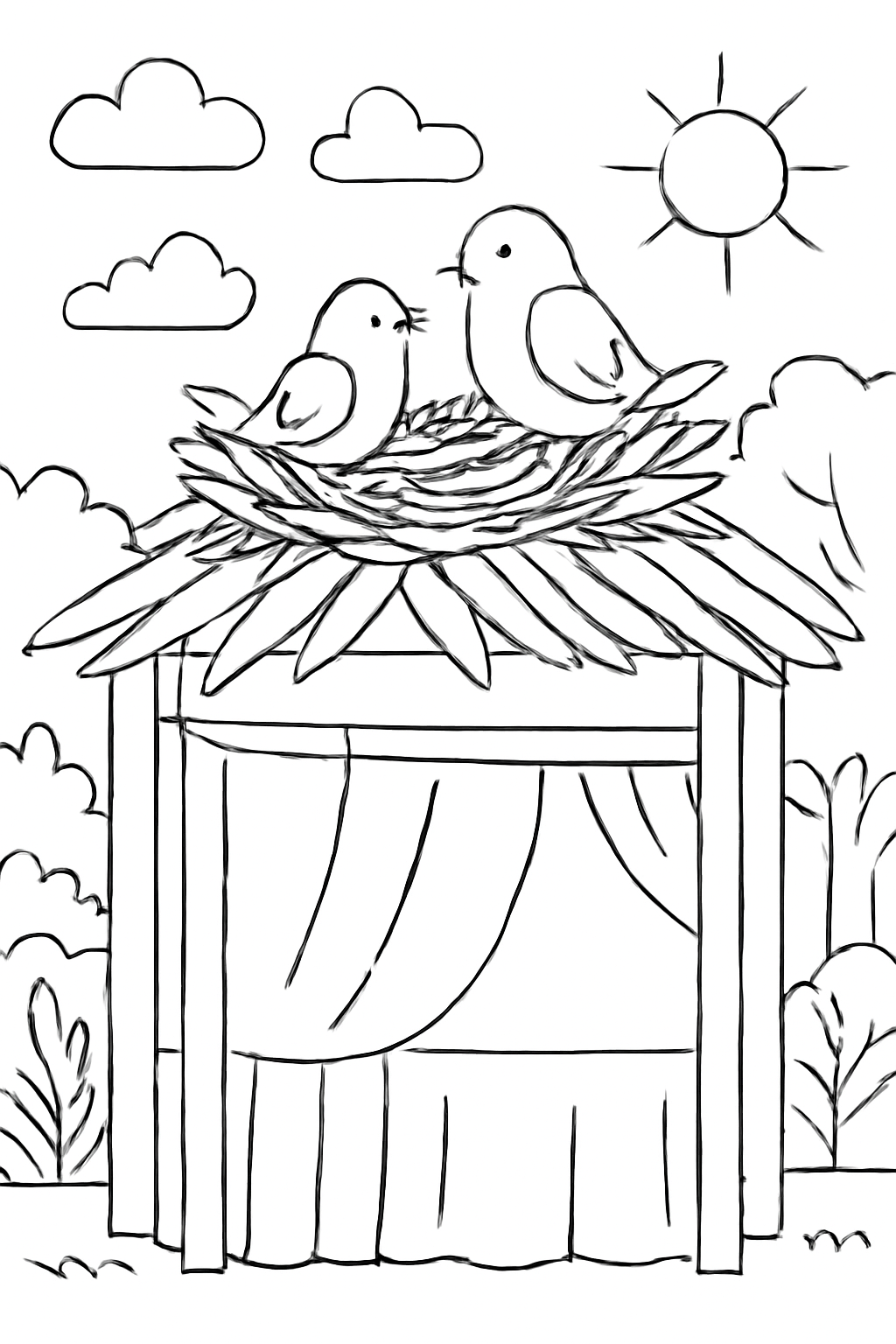 Free printable birds nesting on top of a sukkah roof for Sukkot coloring page for kids
