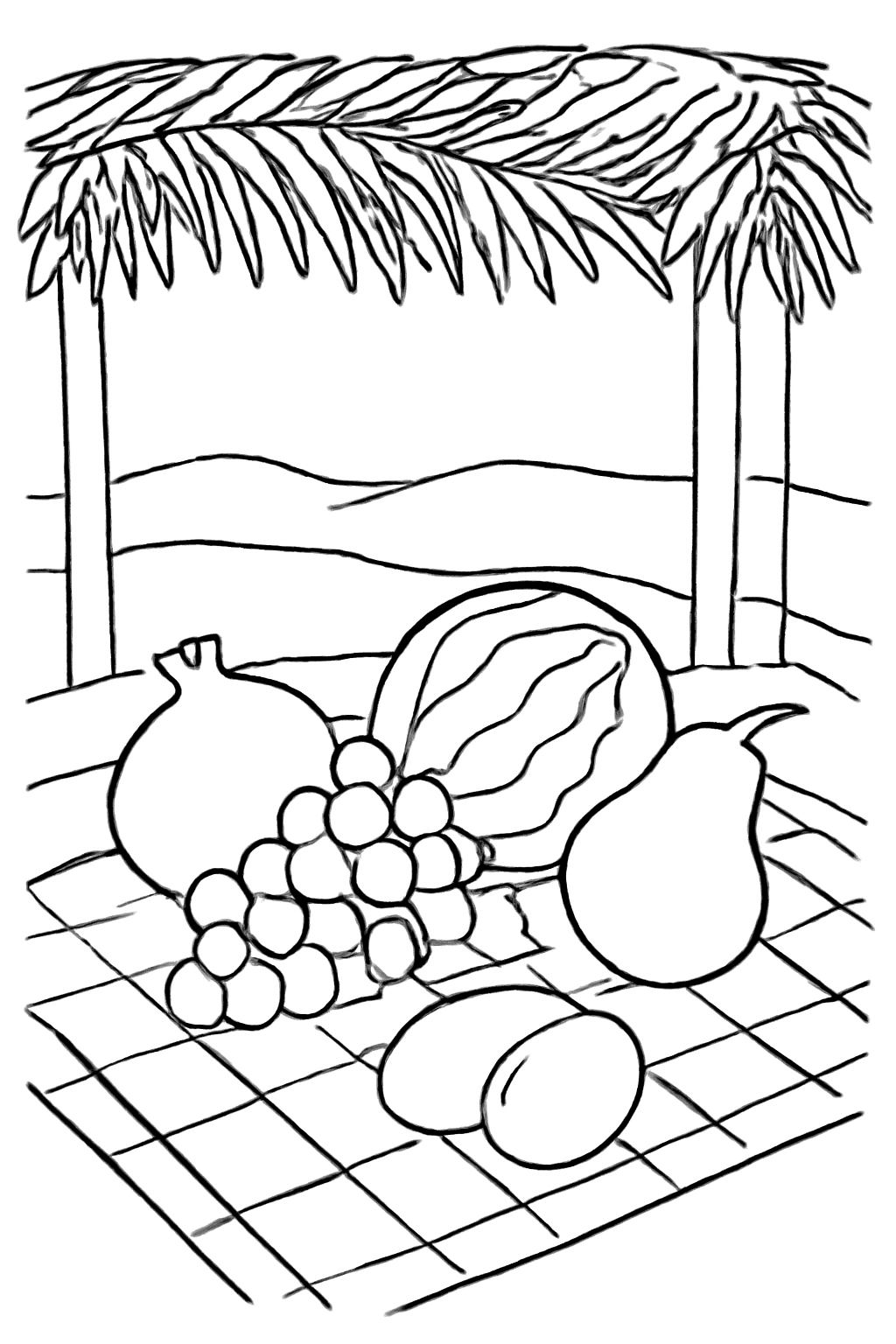 Free printable Sukkot picnic blanket with harvest fruits inside the sukkah coloring page for kids