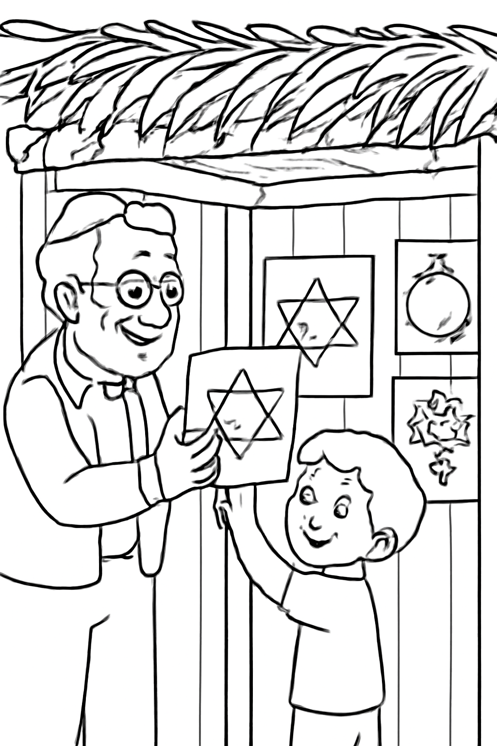 Free printable grandfather and child decorating the sukkah with drawings coloring page for kids