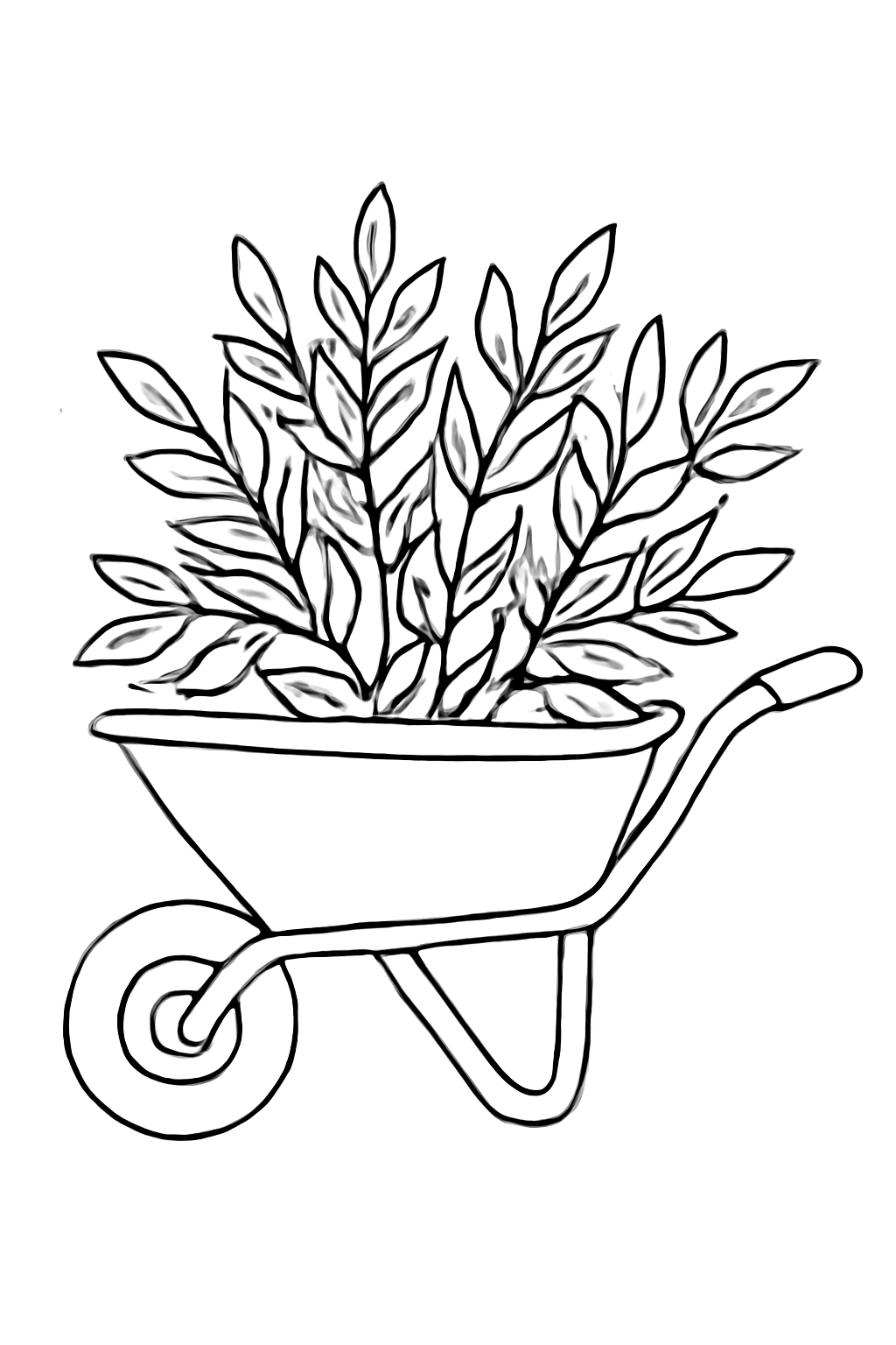 Free printable wheelbarrow of leafy branches for building a Sukkot sukkah coloring page for kids