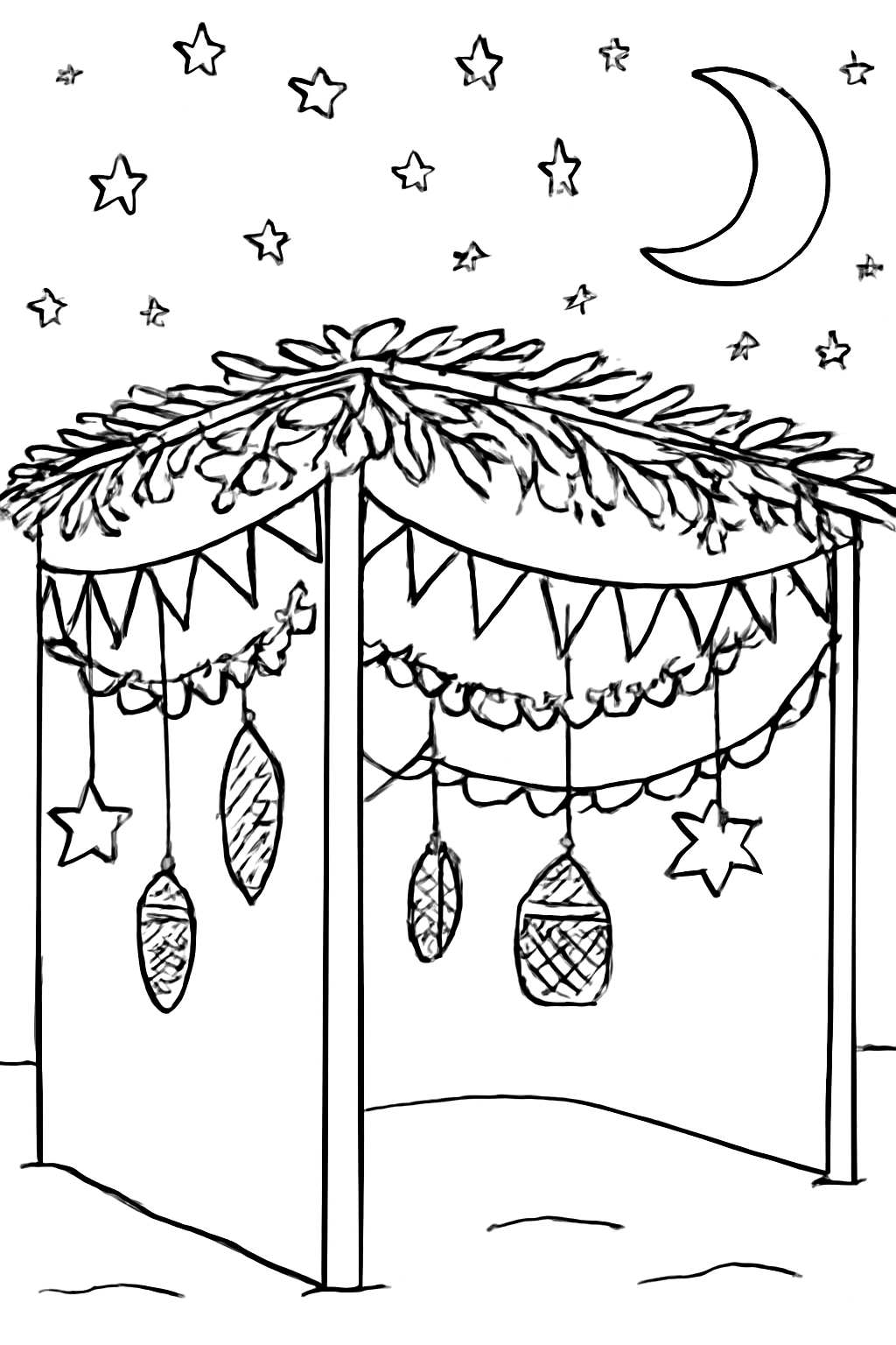 Free printable starlit Sukkot sukkah filled with hanging decorations coloring page