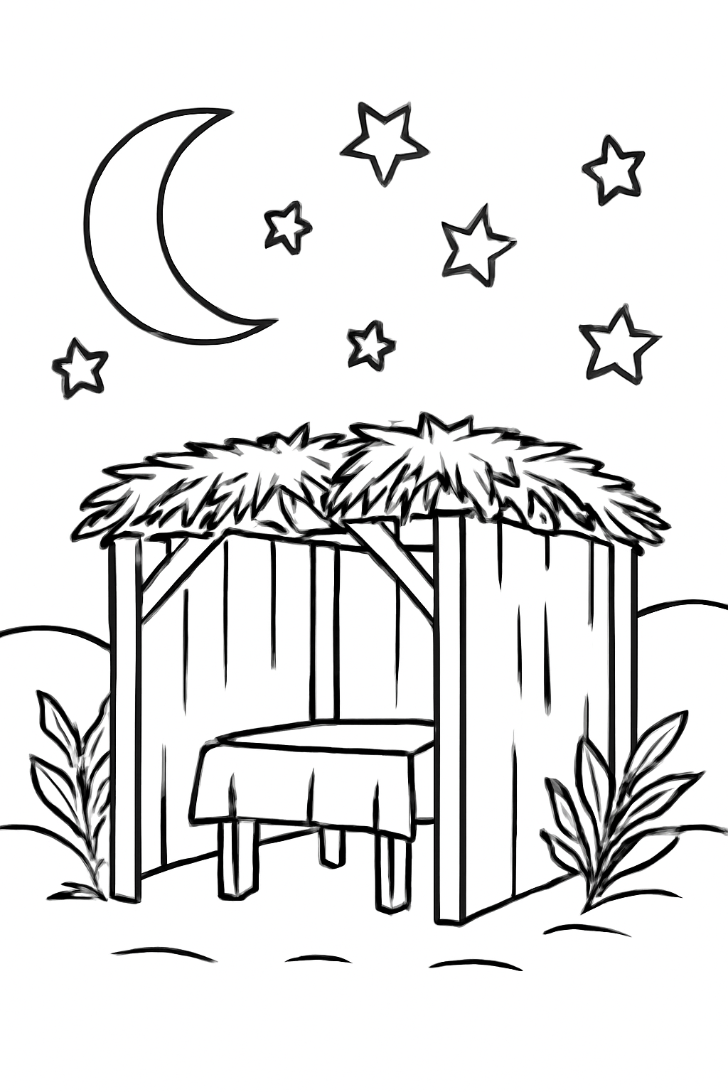 Free printable moon and stars shining over a family sukkah at night coloring page for kids