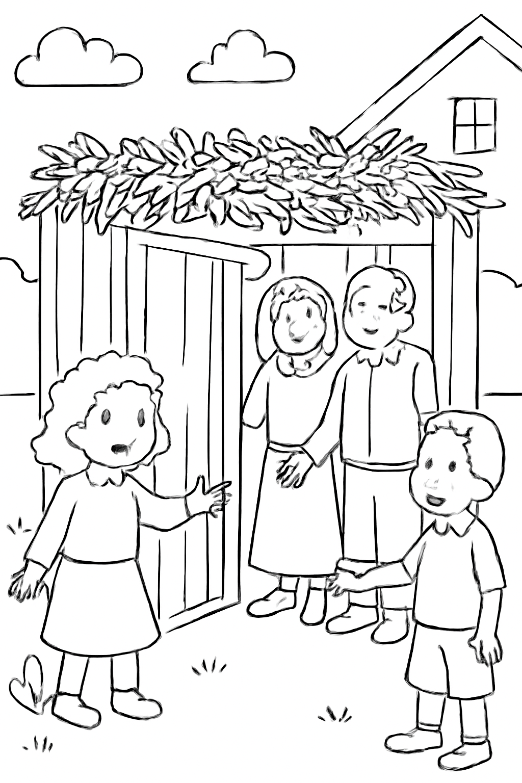 Free printable children inviting neighbors into their sukkah for Sukkot coloring page for kids
