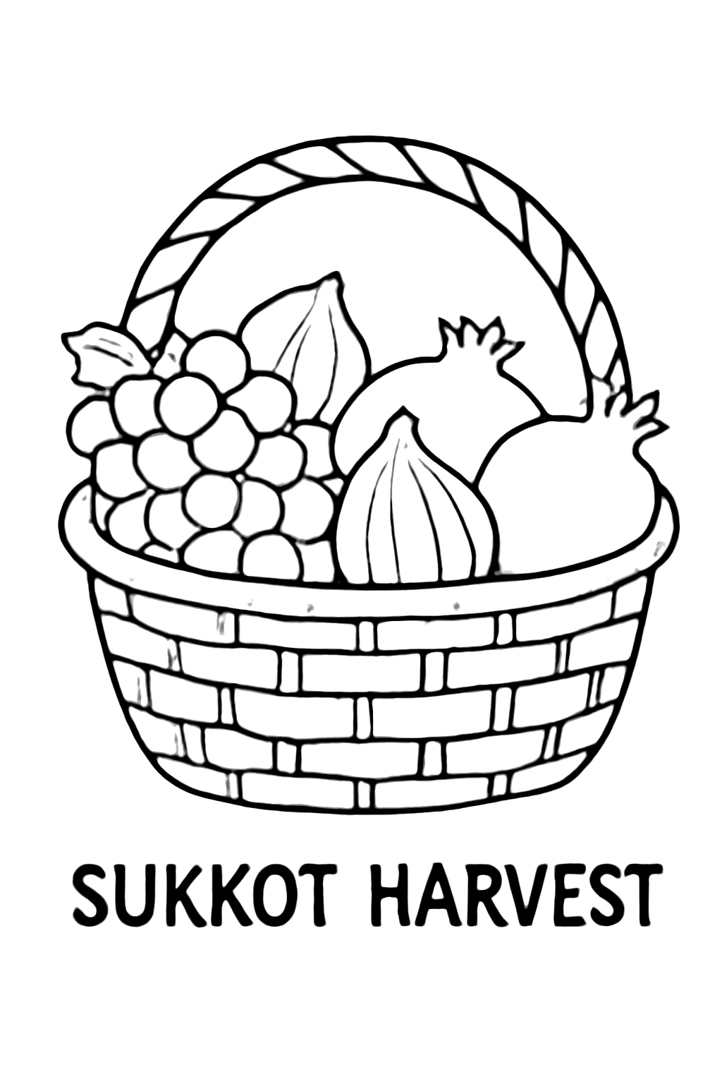 Free printable Sukkot harvest basket with grapes figs and pomegranates coloring page for kids
