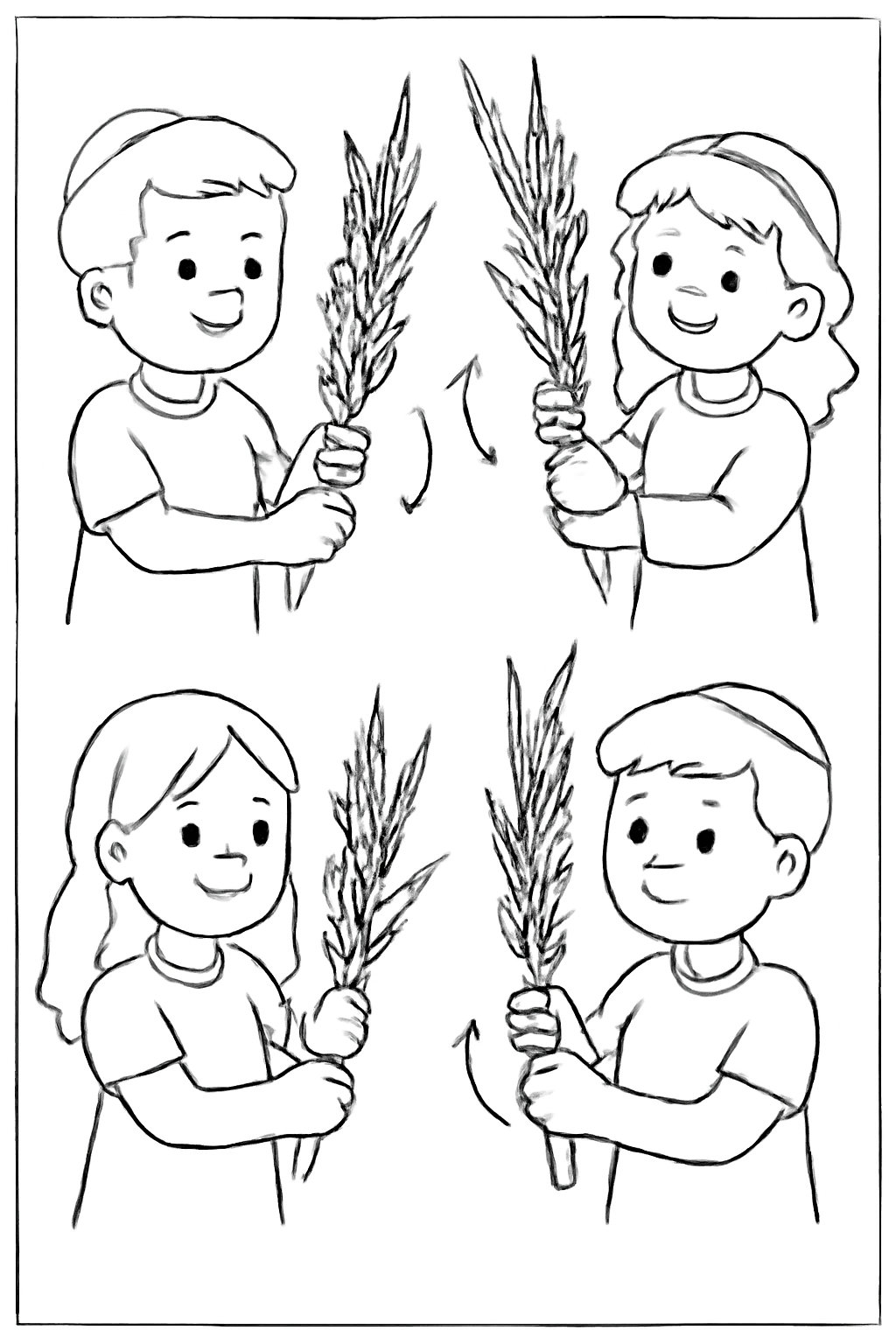 Free printable children shaking the lulav in four directions for Sukkot coloring page for kids