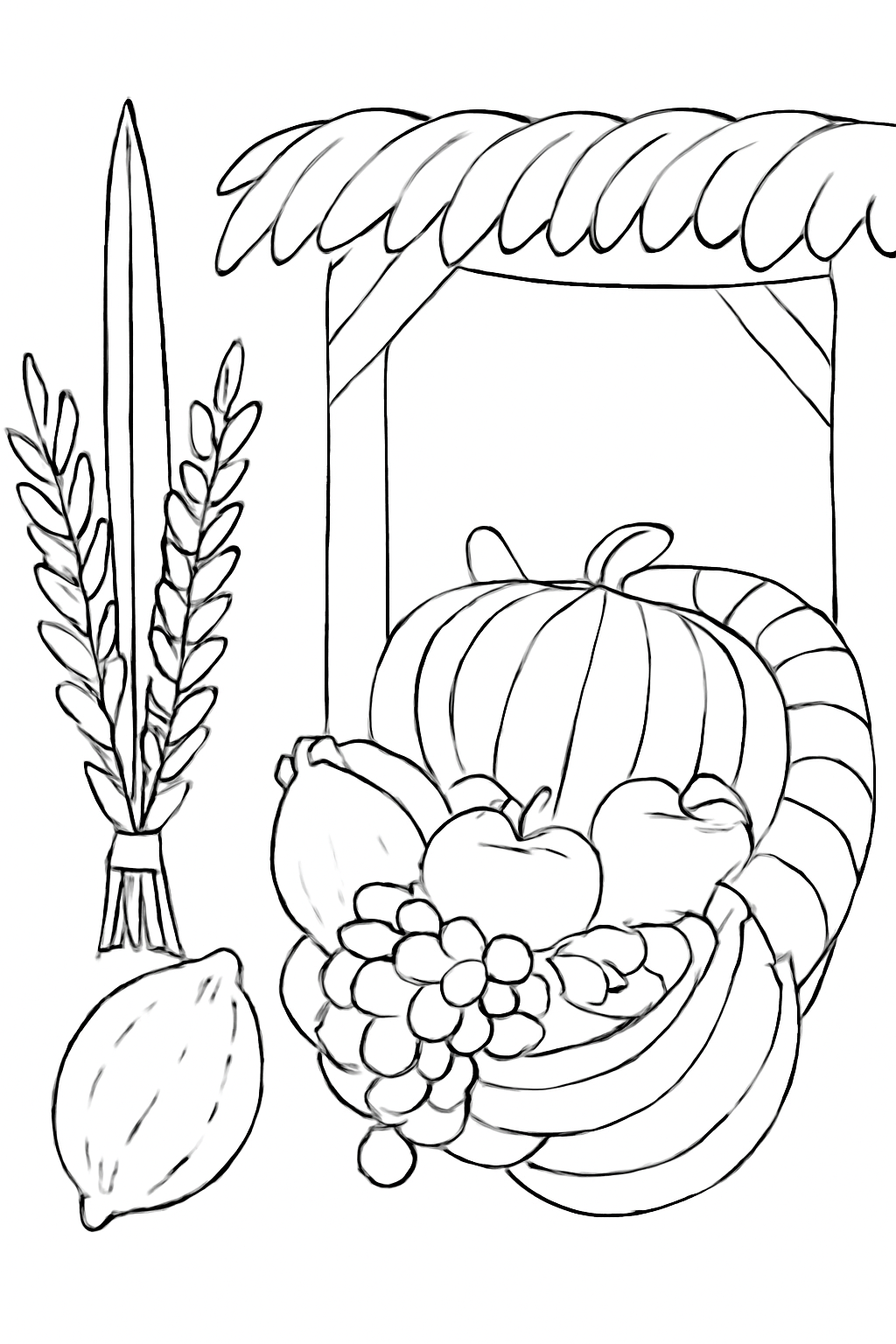 Free printable lulav and etrog beside a cheerful Sukkot harvest display coloring page