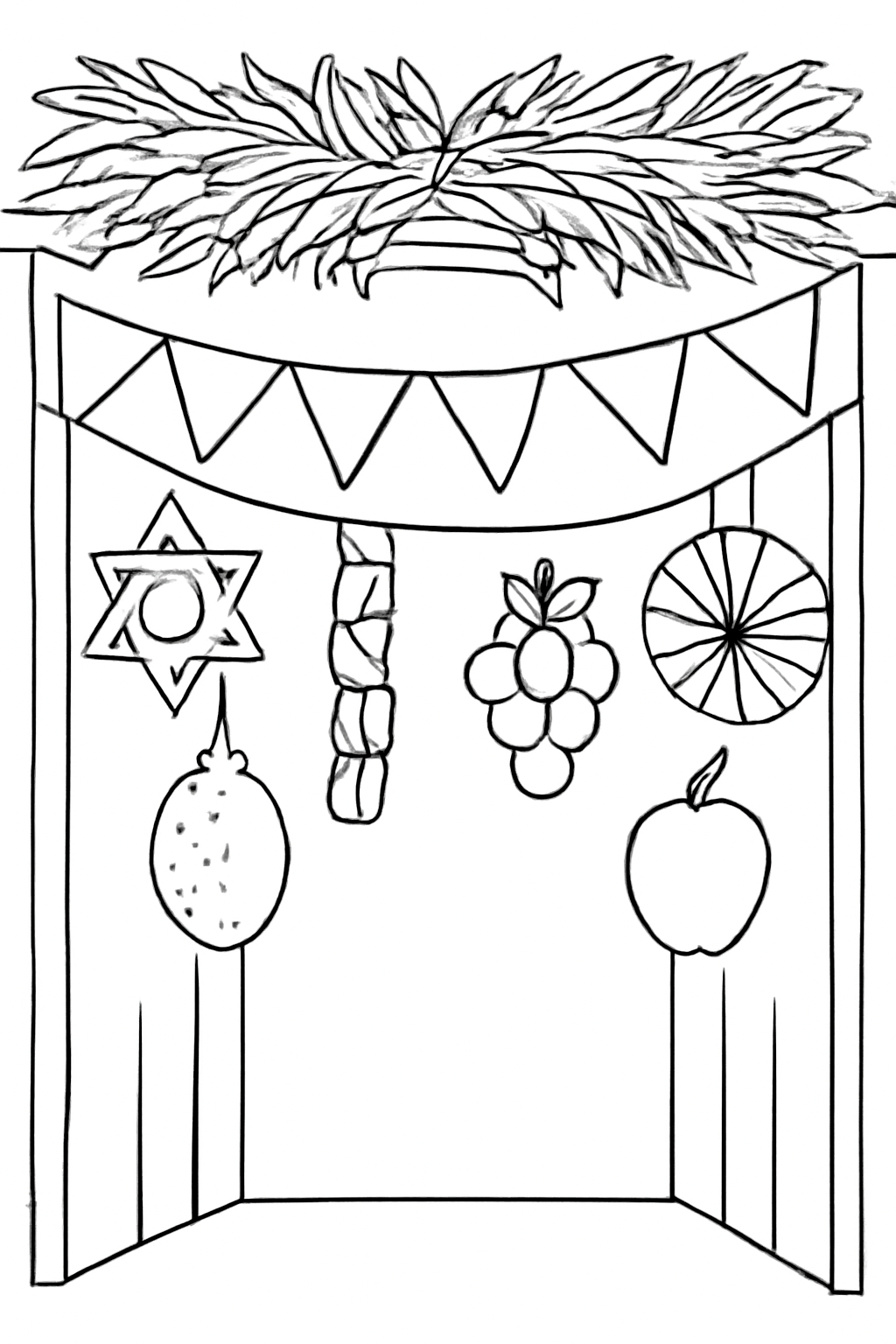 Free printable paper decorations and fruit hanging in a Sukkot sukkah coloring page for kids