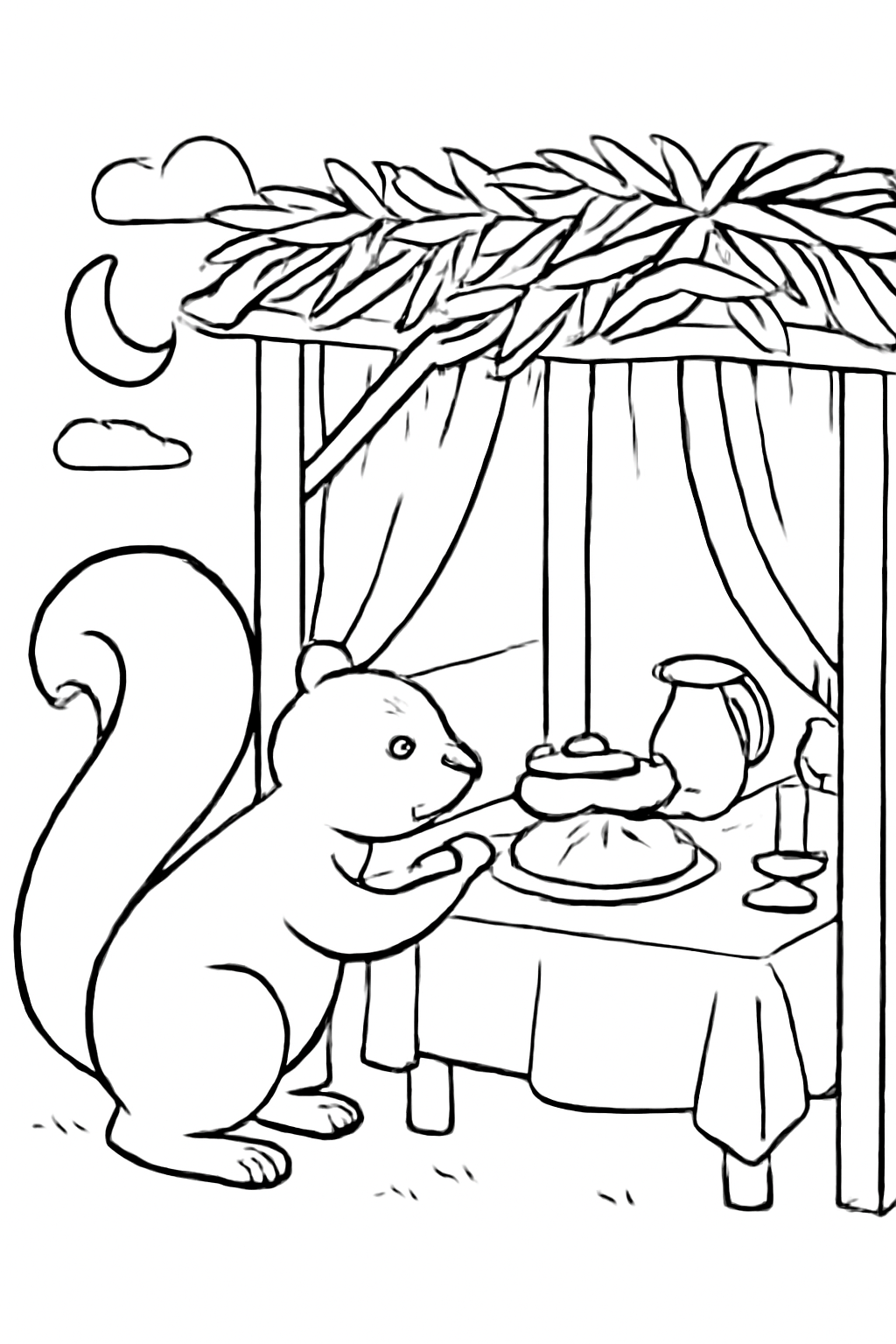 Free printable squirrel peeking into a sukkah at dinner time coloring page for kids