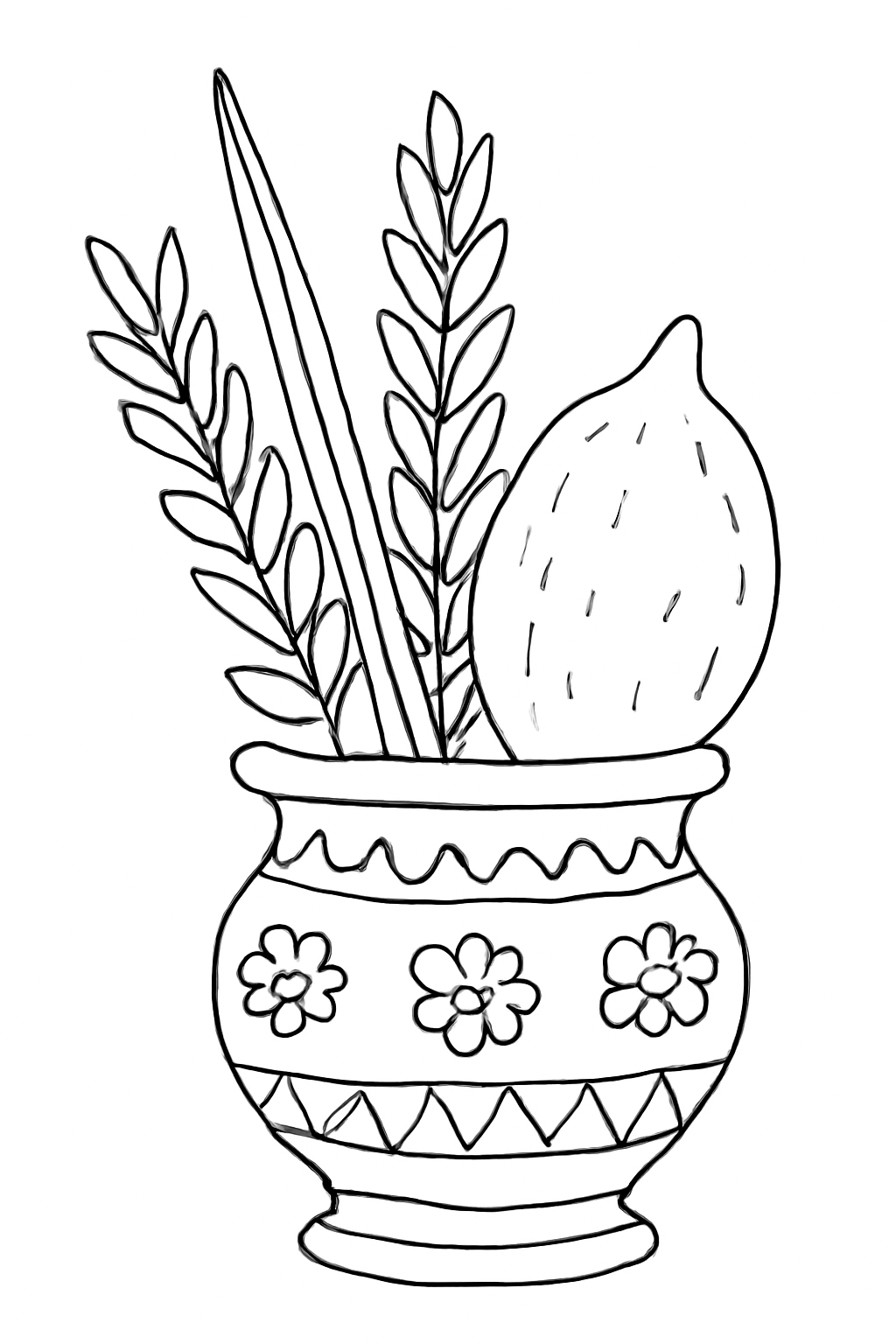 Free printable lulav and etrog in a decorated holder for Sukkot coloring page for kids