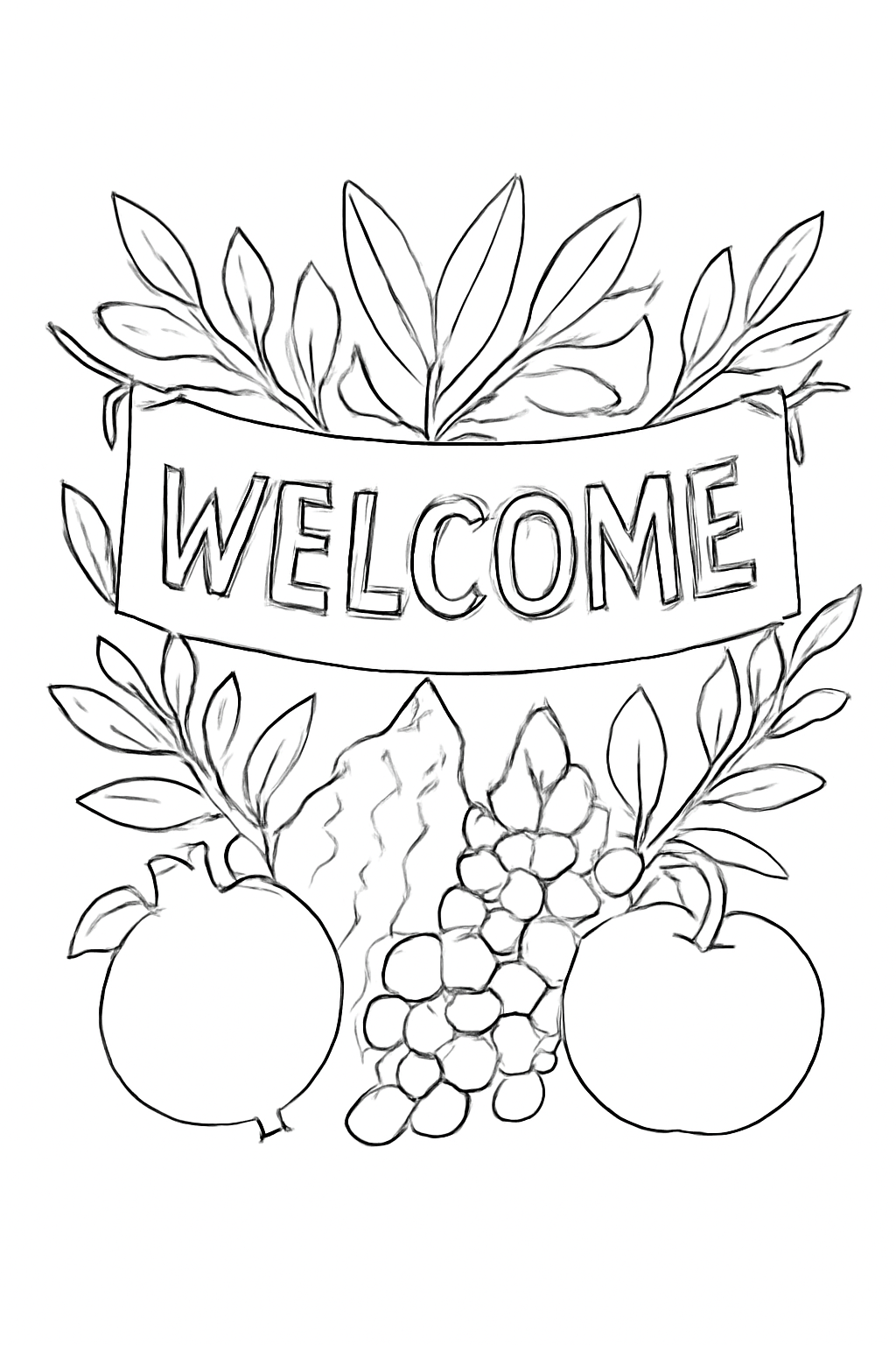 Free printable Sukkot welcome banner with fruit and leaves coloring page for kids