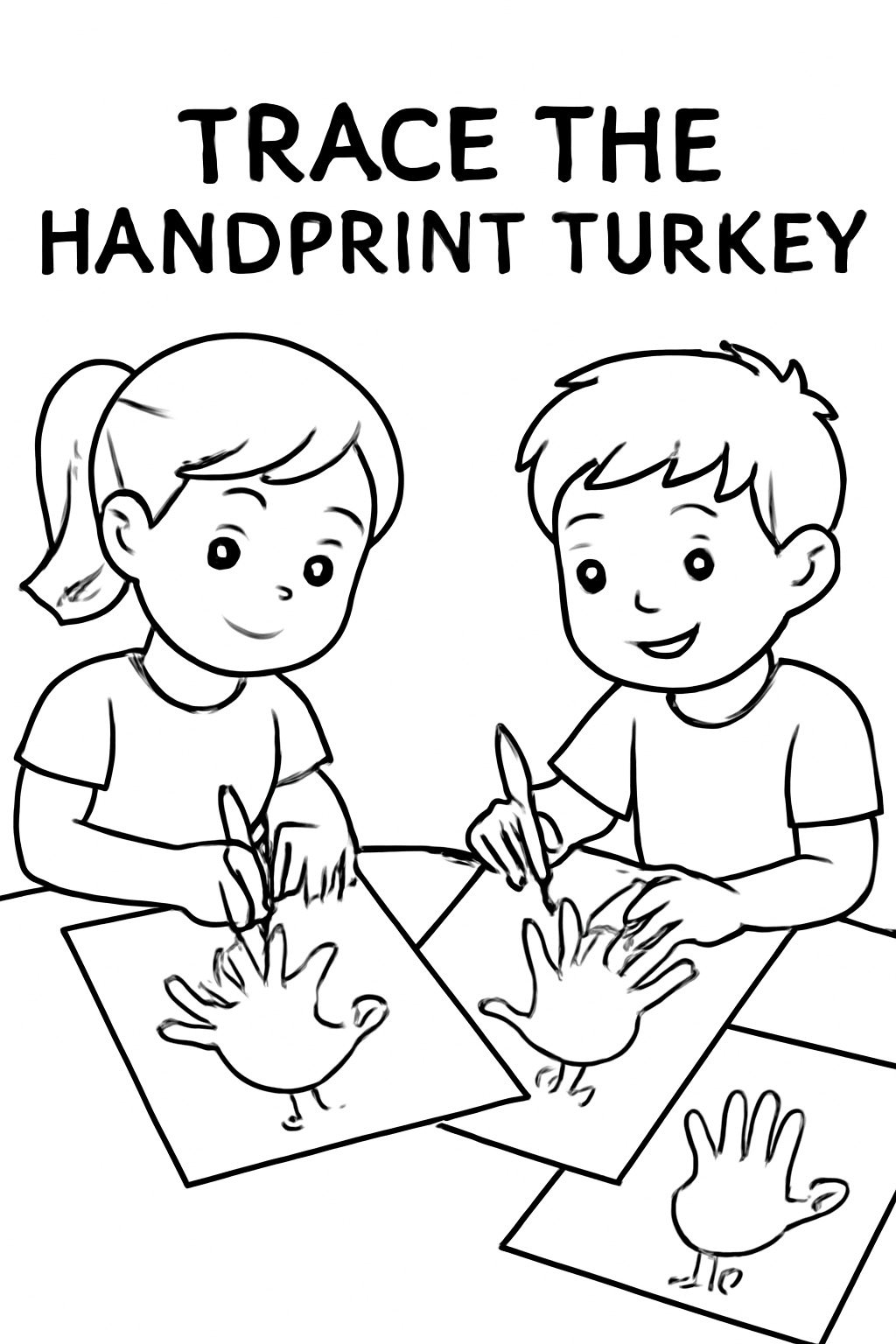 Free printable children tracing handprint turkeys for Thanksgiving coloring page for kids