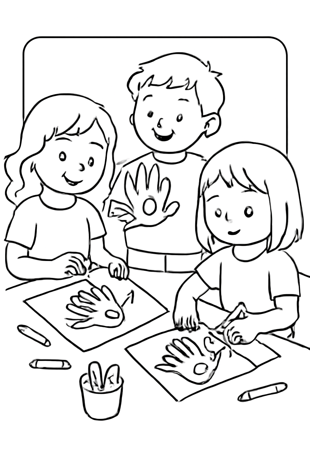 Free printable children making handprint turkey crafts for Thanksgiving coloring page