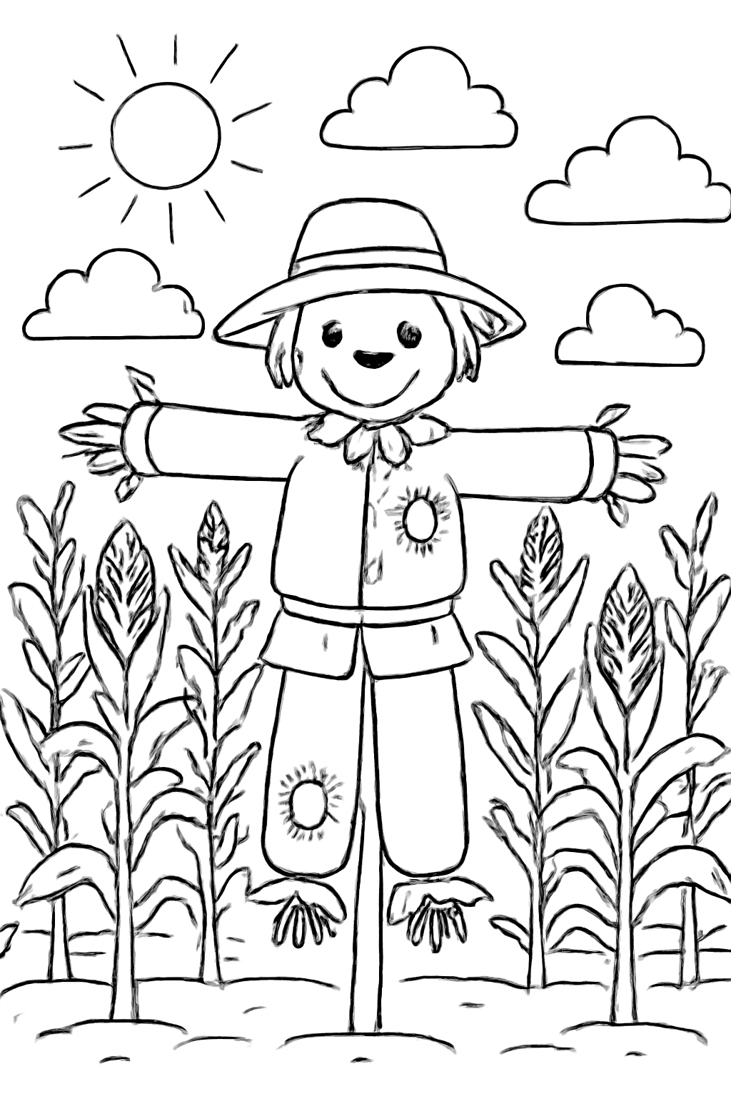 Free printable scarecrow guarding a Thanksgiving corn field coloring page for kids