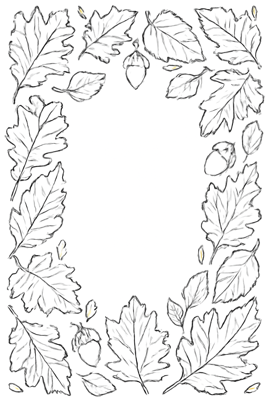 Free printable autumn leaves and acorns border for Thanksgiving coloring page for kids