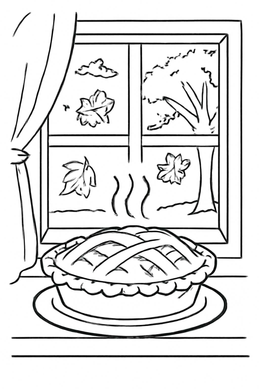 Free printable pie cooling on a windowsill for Thanksgiving coloring page for kids