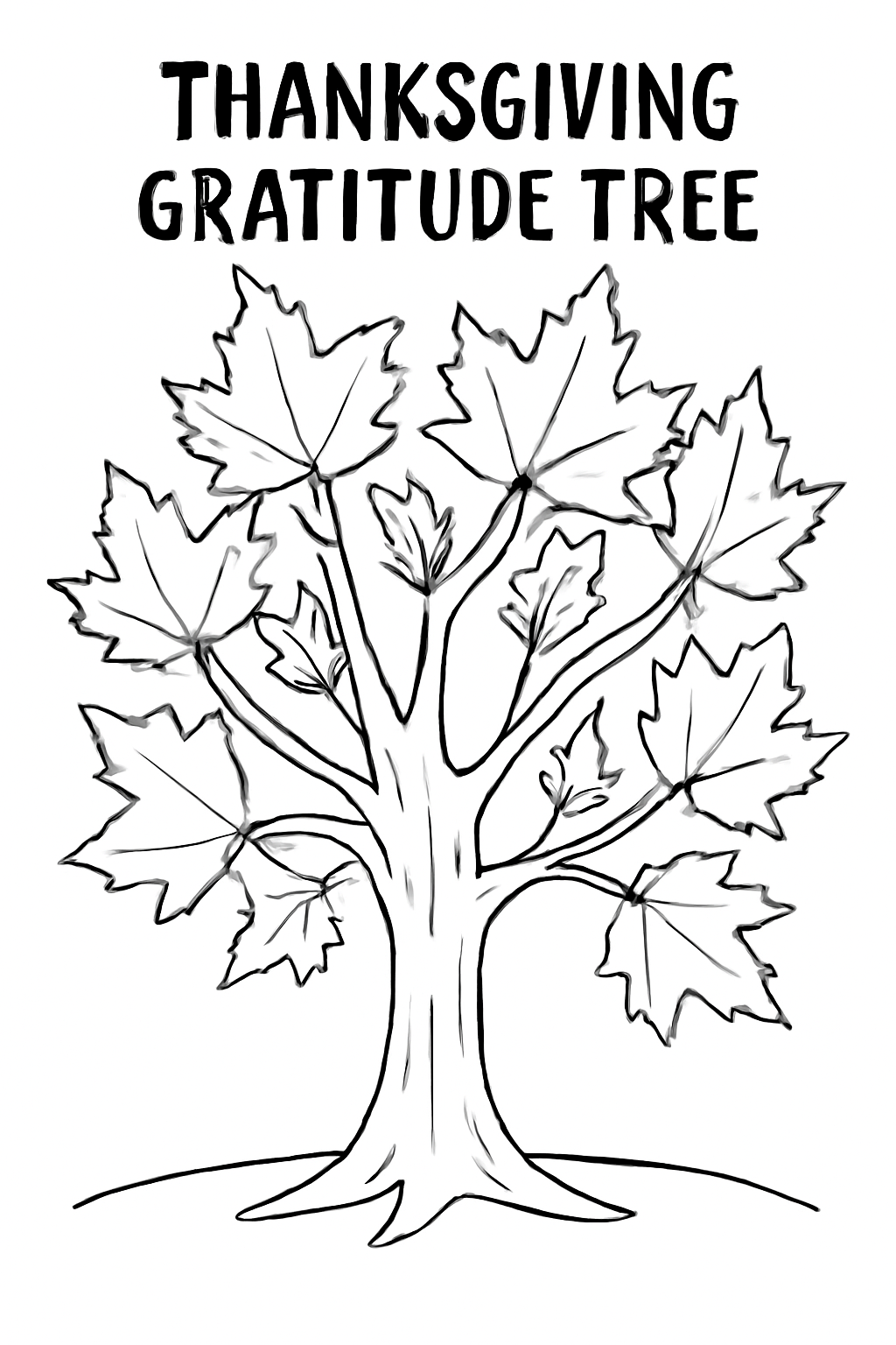 Free printable Thanksgiving gratitude tree with paper leaves coloring page for kids